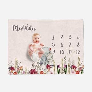 Gresatek Personalized Monthly Baby Milestone Blanket,Customized Name Milestone Blanket Girl Elephant Floral Newborn Month Milestone Blanket for Baby Girl Nursery Decor & Baby Gifts(40"x50")