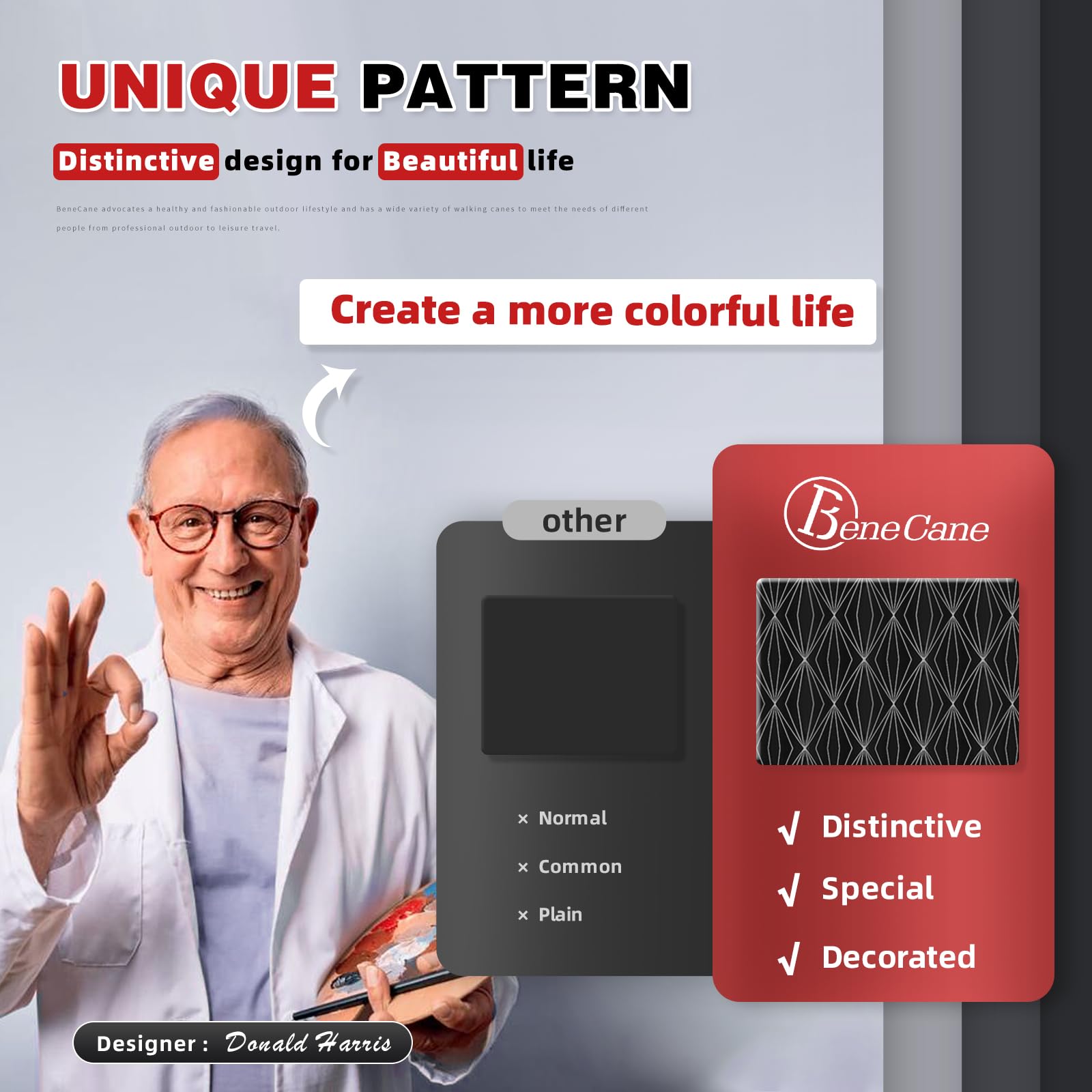 BeneCane Bastón de Senderismo, bastón Plegable para Hombres, bastón de Cuatro a la Moda, bastón Privado Personalizado con Mango de Madera