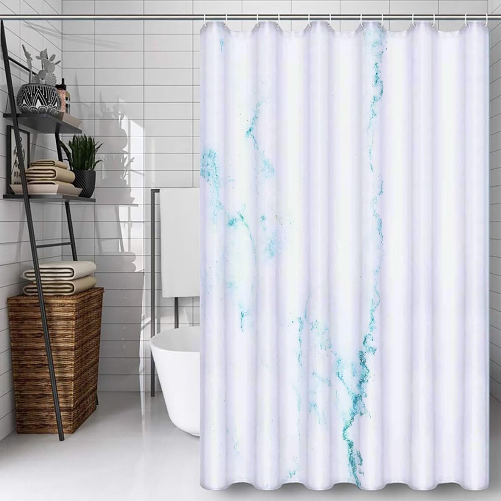 Rideau douche 100x140 bleu en polyester lavable avec crochets