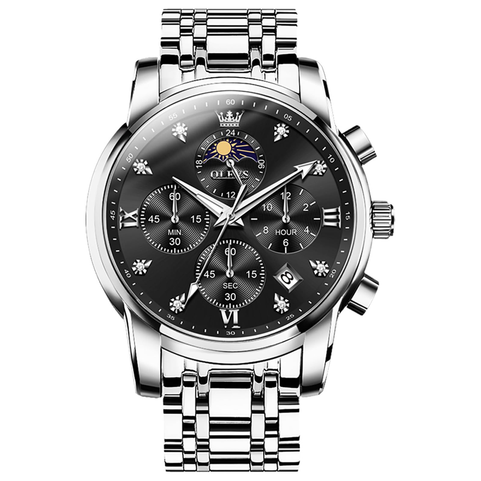 OLEVS Herren Chronograph Armbanduhr Quarz Edelstahl Analog Dual Time | Doppelte Zeitzone Uhren Herren, Leuchtzeigern, Mineralglas, Edelstahlarmband und 3ATM Wasserschutz für Reisen und Business