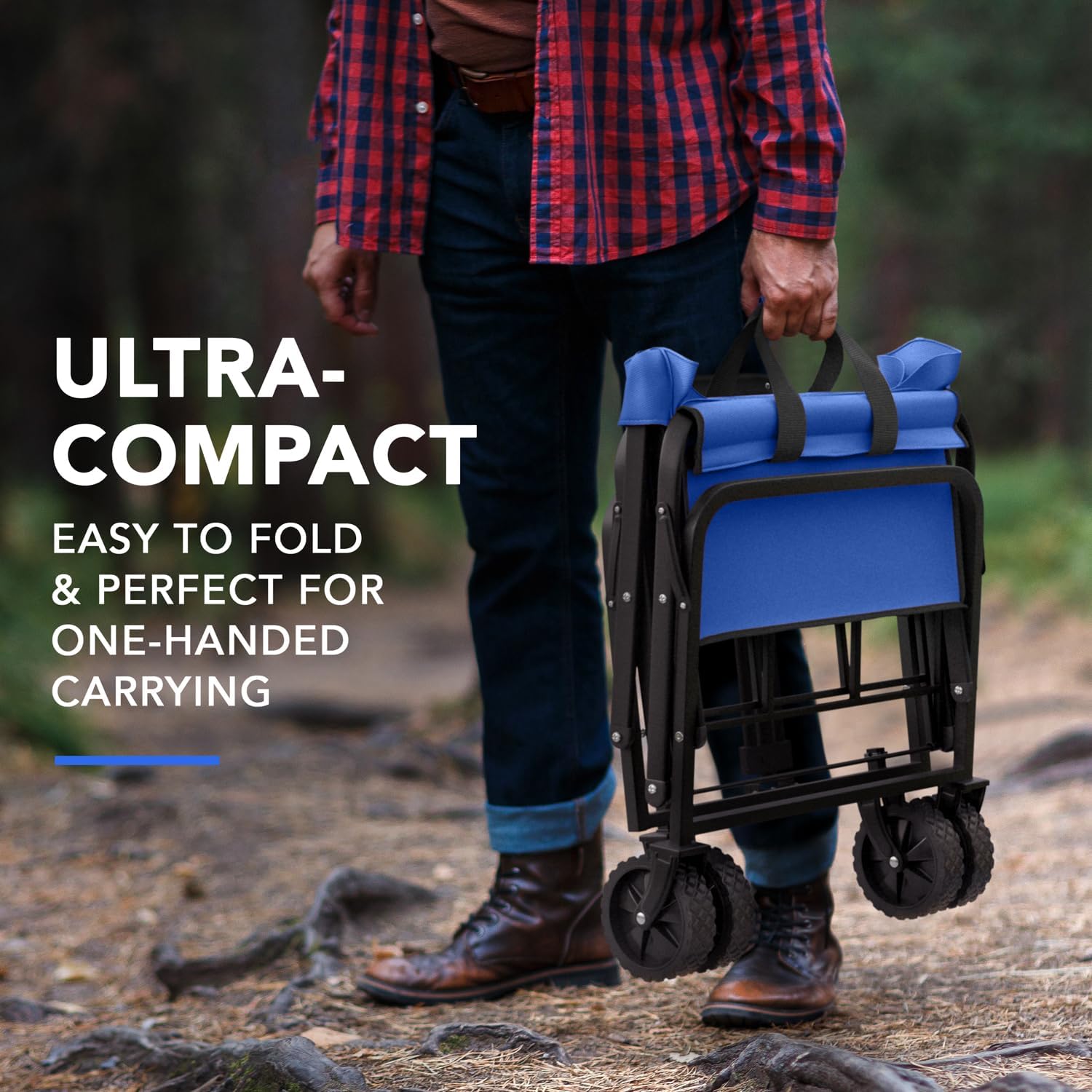 A person carrying the Lifetime Home Utility Wagon in its ultra-compact, folded state with one hand.