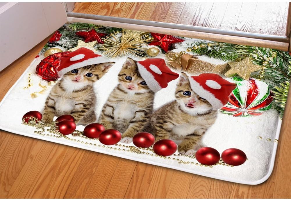 Dellukee Christmas Welcome Doormat Cute Cat Dog Pattern Home Personalized Low Profile Bathroom Classroom Bedroom Living Room Pool Mat Floor Soft Square Rug­