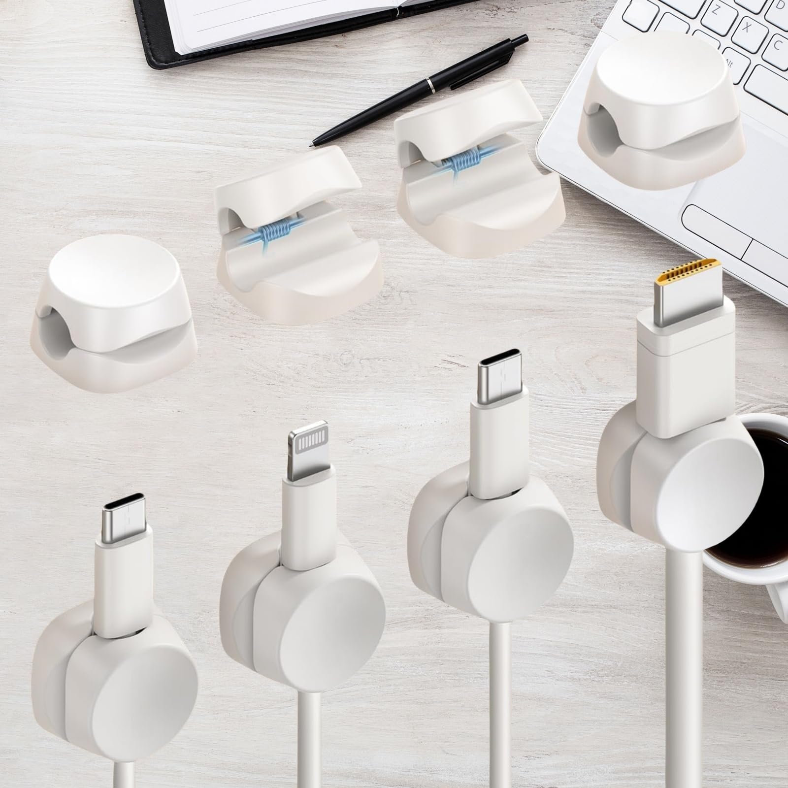 6 Pack Cord Organizer, Desk Cord Clips, Sticky Cute Round Cord Clips, Cell Phone Charger Cord Organizer for Nightstand Car Office Accessories, White