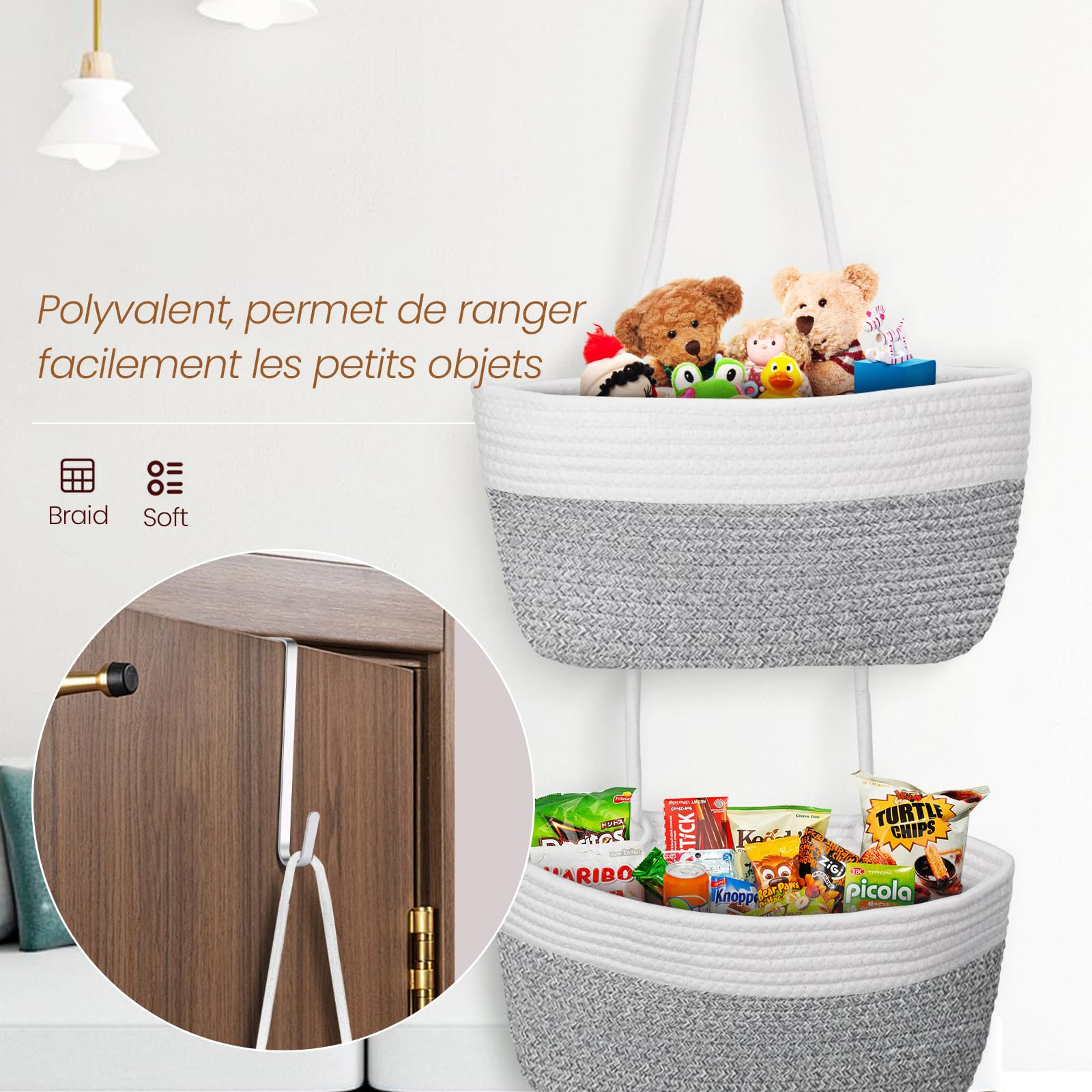 Organisateur Suspendu Mural 3 Niveaux avec Crochets, Sac Mural tissé Corde Coton – Salon, Chambre, Salle de Bain, Chambre Enfant (Gris-Blanc)