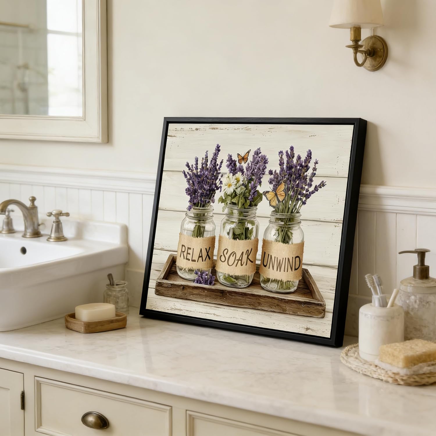 Black Framed Farmhouse Bathroom Wall Art Rustic Lavender Flower Wall Decor Relax Soak Unwind Bathroom Posters Prints for Spa Bathroom 16x24 Inch