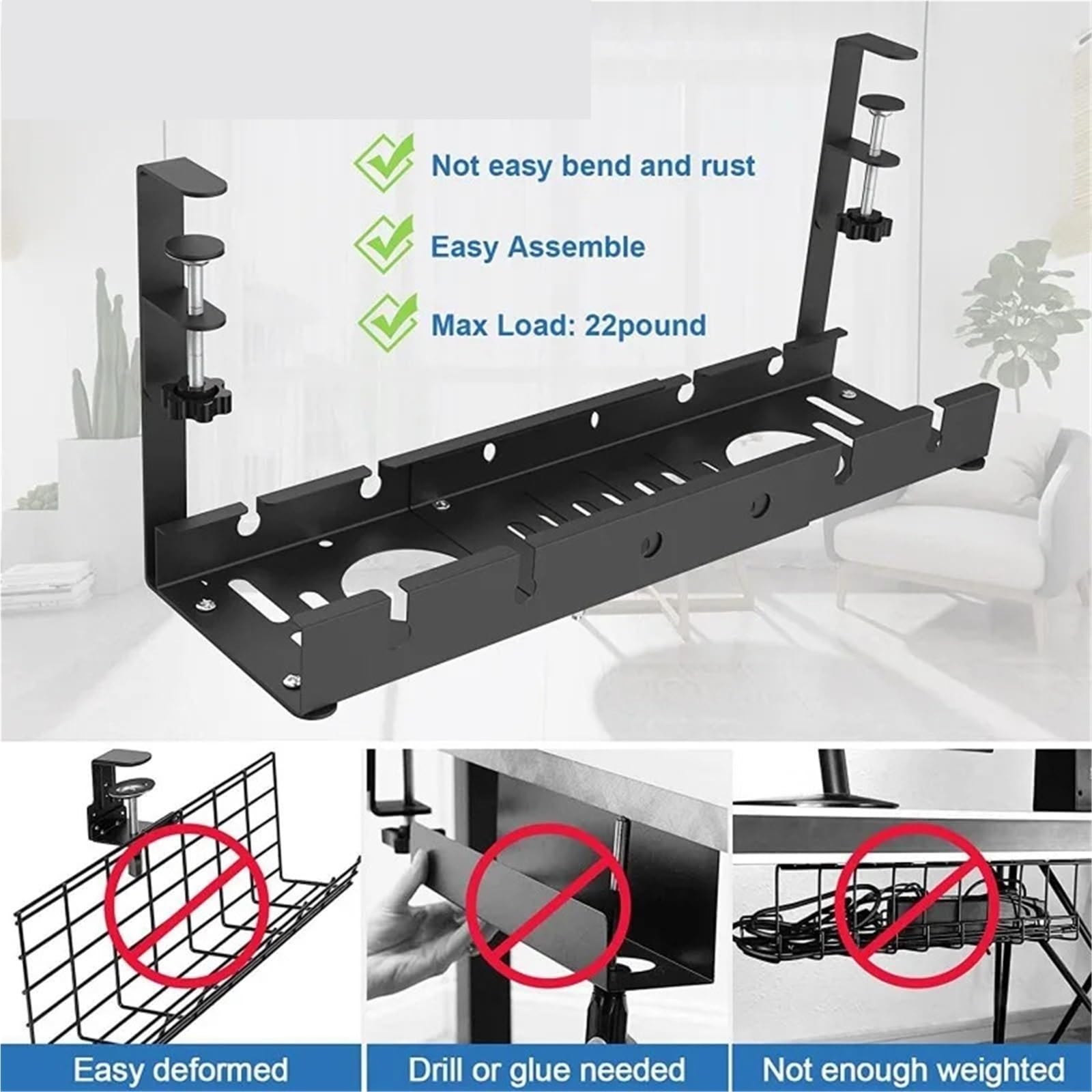 Bandeja Organizadora De Cables Bajo El Escritorio Bandeja de cables Metal extensible debajo del escritorio, sin perforación, con abrazadera, soporte cable regleta retráctil(Black)