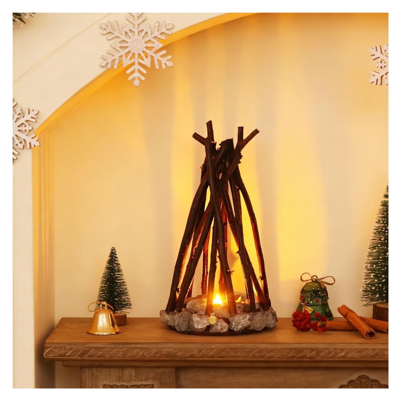 HELCEKOU Wooden Campfire LED Night Light – 3 Modes & Flame Sound, Dimmable USB Powered Simulated Bonfire Lamp for Kids Bedroom Office(50cm)