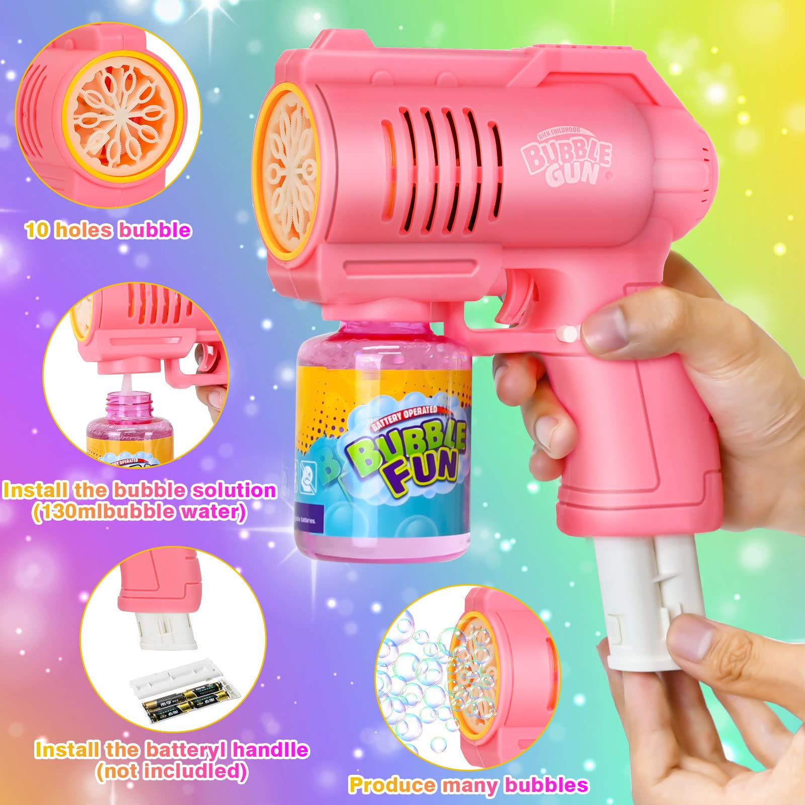 Pistolet à Bulles Automatique 2 Pièces – 8000 Bulles/min – Avec 12 Flacons De Solution – Lumières LED – Cadeau Pour Enfants 3 Ans+