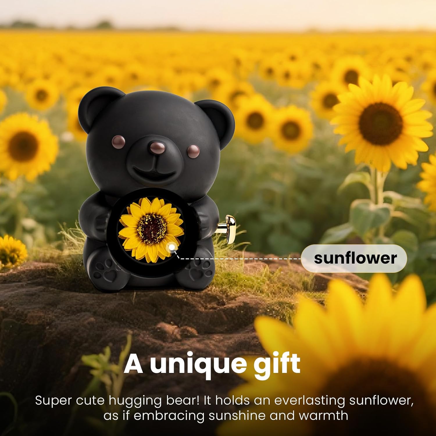 Gifts for Women Birthday Valentines Day, Lucky Sunflower Bear with Necklace & Gift Box for Mom Daughter Sister, Anniversary Wedding Gift for Wife Girlfriend, Surprise Jewelry Box, Black - Image 3