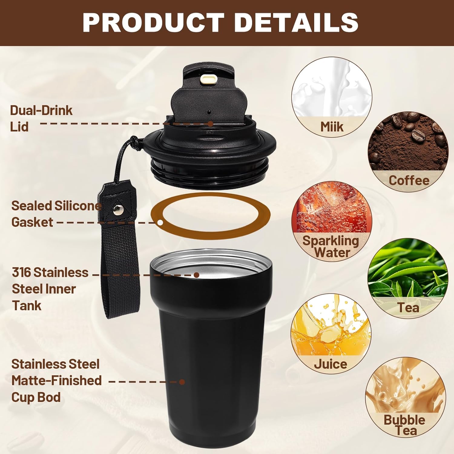Insulated Coffee Tumbler 15.2oz 450ml Travel Coffee Mug 316 Stainless Steel Direct Drink Opening Leakproof Lid Reusable Insulated Coffee Mug Hot and Cold Ideal Travel Mug for Coffee Lover - Image 3