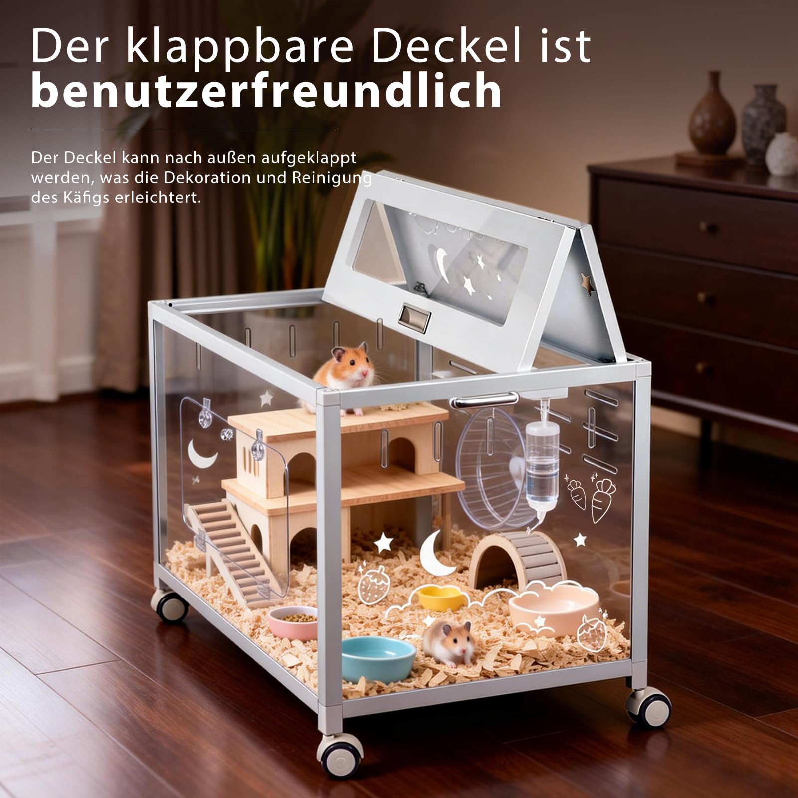 Groß Hamsterkäfig aus Metall 80x50x55cm Nagerkäfig mit Rädern, Stabil, Weiß | Kleintier Gehege für Kaninchen Goldhamster, Abnehmbarer Meerschweinchen, Durchsichtiger, Leicht zu Reinigen