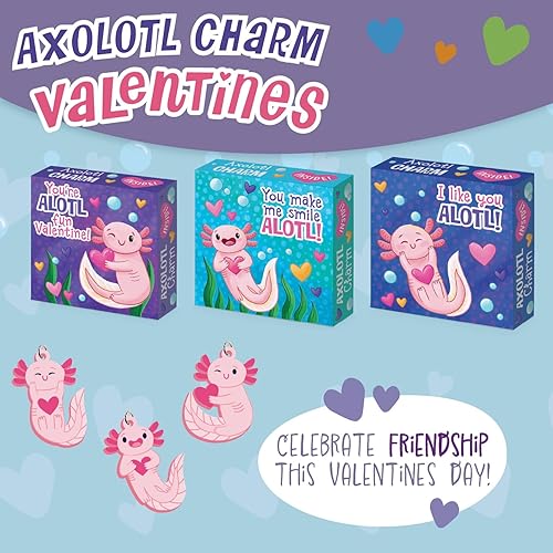 Miniatura 6 de Peaceable Kingdom Tarjetas de San Valentín para el aula de niños, juego de 28 regalos para el día de San Valentín, dijes de amistad de ajolote
