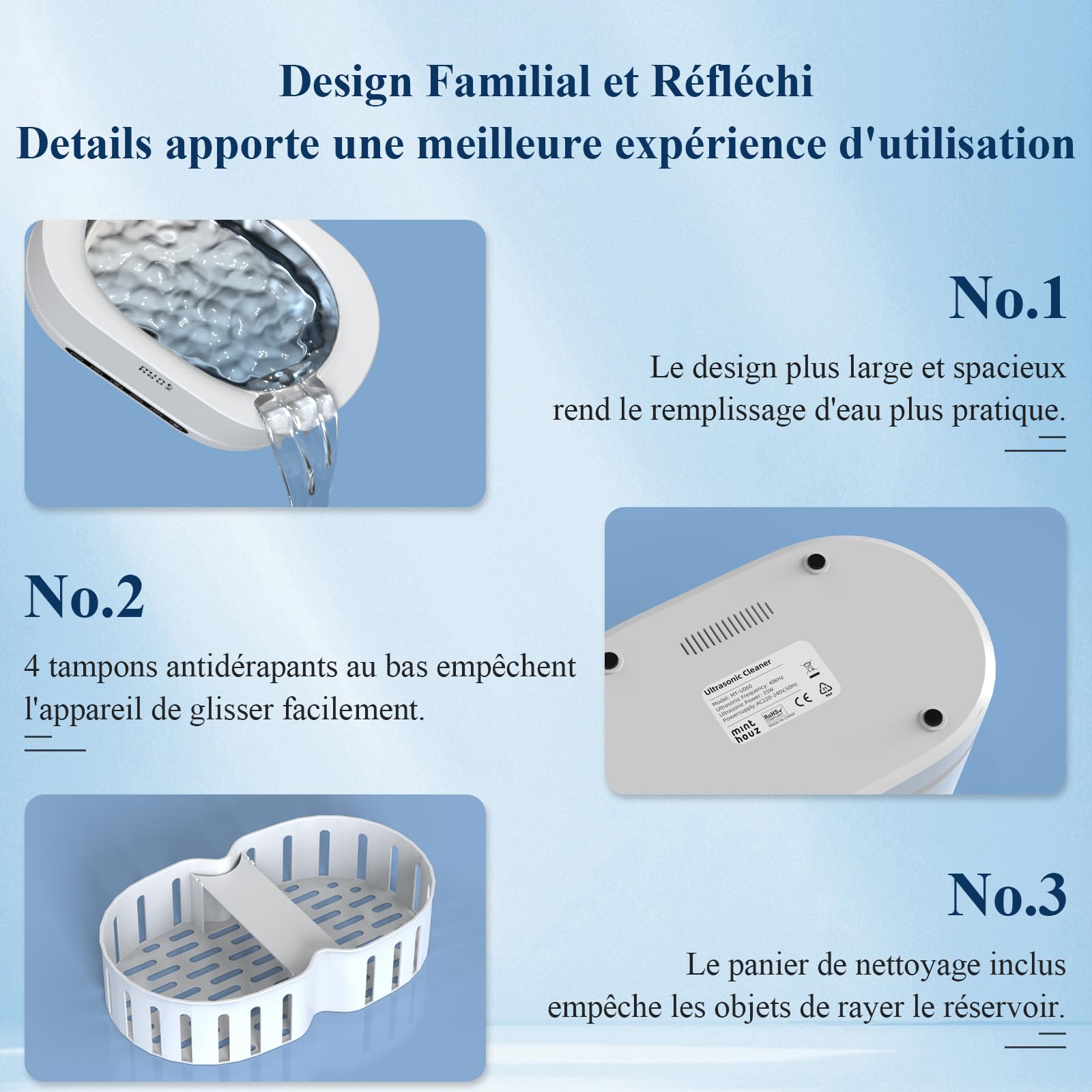 Minthouz Nettoyeur Ultrasons, 48000Hz Ultrasonic Cleaner 500ml Nettoyeur Ultrasons Lunettes avec 5 Modes, Bac a Ultrason pour Lunettes de Vue, Bijoux, Montres, Dentier, etc