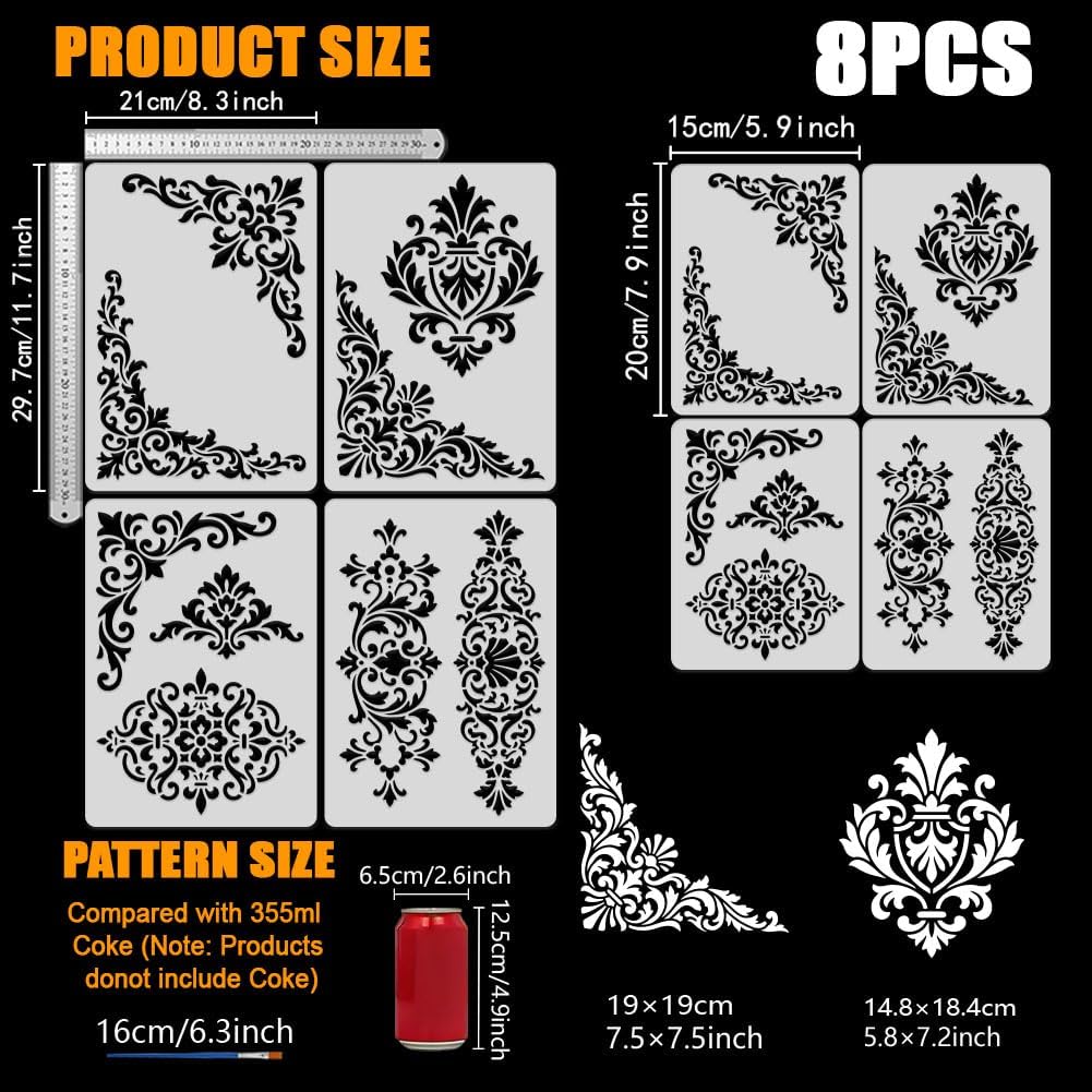 FINGERINSPIRE 8PCS Vintage Border Stencils with a Brush 8.3x11.7inch/5.9x7.9inch Retro Pattern Border Corner Stencils Reusable PET Templates 4 Style Floral Stencil for Wood Wall DIY Craft Home Decor
