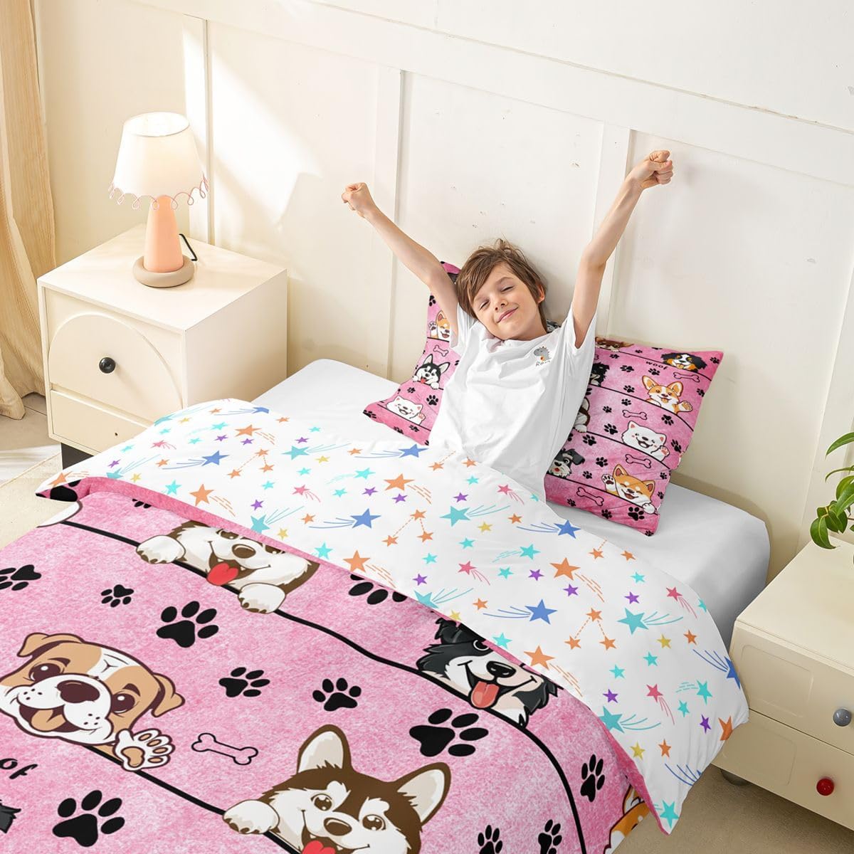 Manfei Cute Dog Kids Duvet Cover Set Toddler Size,Lovely Puppy Animals Paw Print Bedding Set,Kawaii Cartoon Style Room Decor,Pink Quilt Cover,1 Pillowcase(No Comforter) image 3