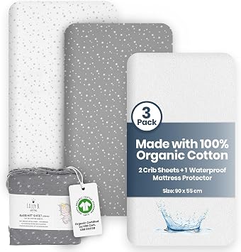 Lilly Belly - Crib Sheets - Pack of 3-90 x 55 cm - Organic Cotton Fitted Crib Sheets | 2+1 Waterproof Protector Compatible with Next to Me Crib, Snuzpod and All Bedside Cribs, bassinets.