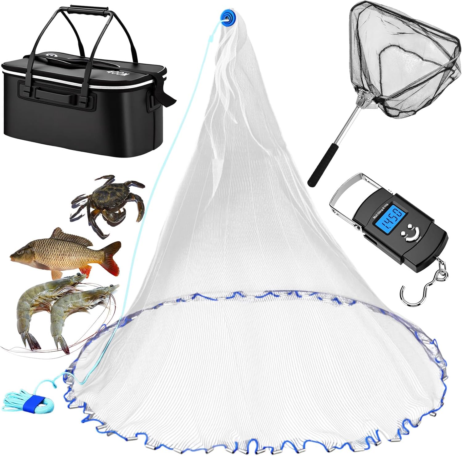 Set of 4 Saltwater Fishing Cast Net, Foldable Fish Bucket, Folding Fishing Landing Net, and 110lb Digital Scale, 6 Gallon Live Fish Bait Bucket