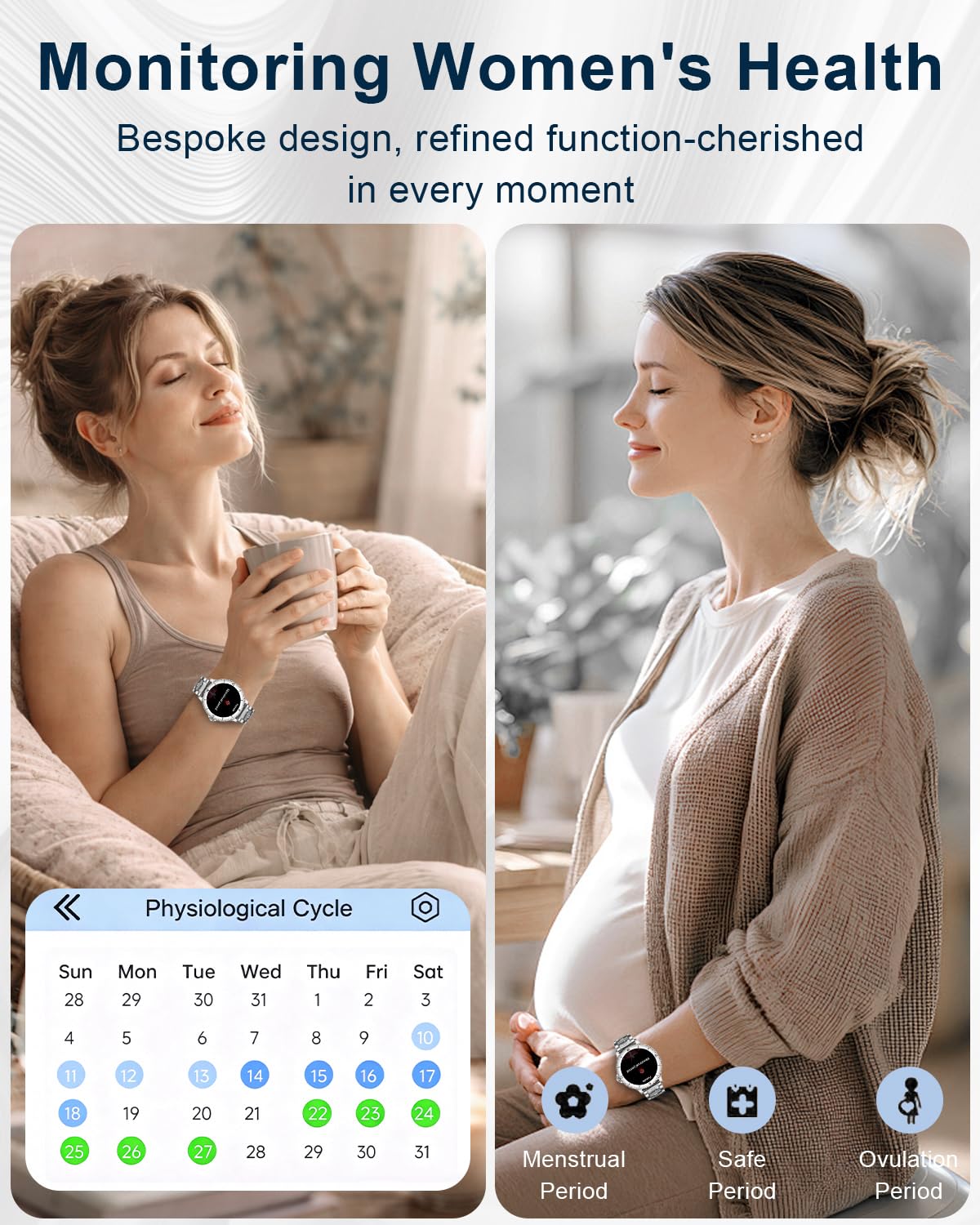 Reloj Inteligente Mujer con Llamadas, 1.27'' Smartwatch Mujer con Correa de Diamante, Compatible con Android/iOS, IP68 Impermeable Smart Watch Redondo con 120+ Deportes SpO2 Sueño Podómetro, Plata