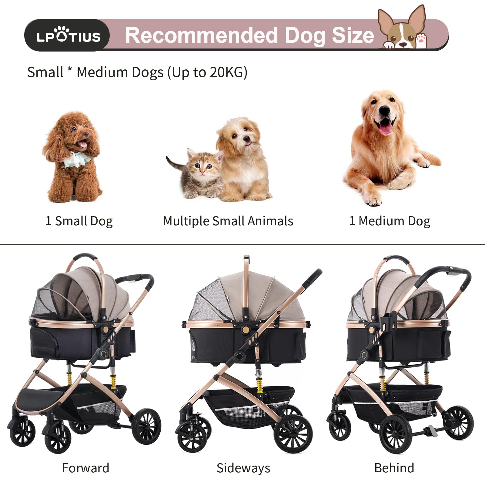 3 in 1 Hundewagen mit Abnehmbarer Reisesitz Hundebuggy Hundebox Transporttasche Klappbar, Haustier Kinderwagen bis 25KG