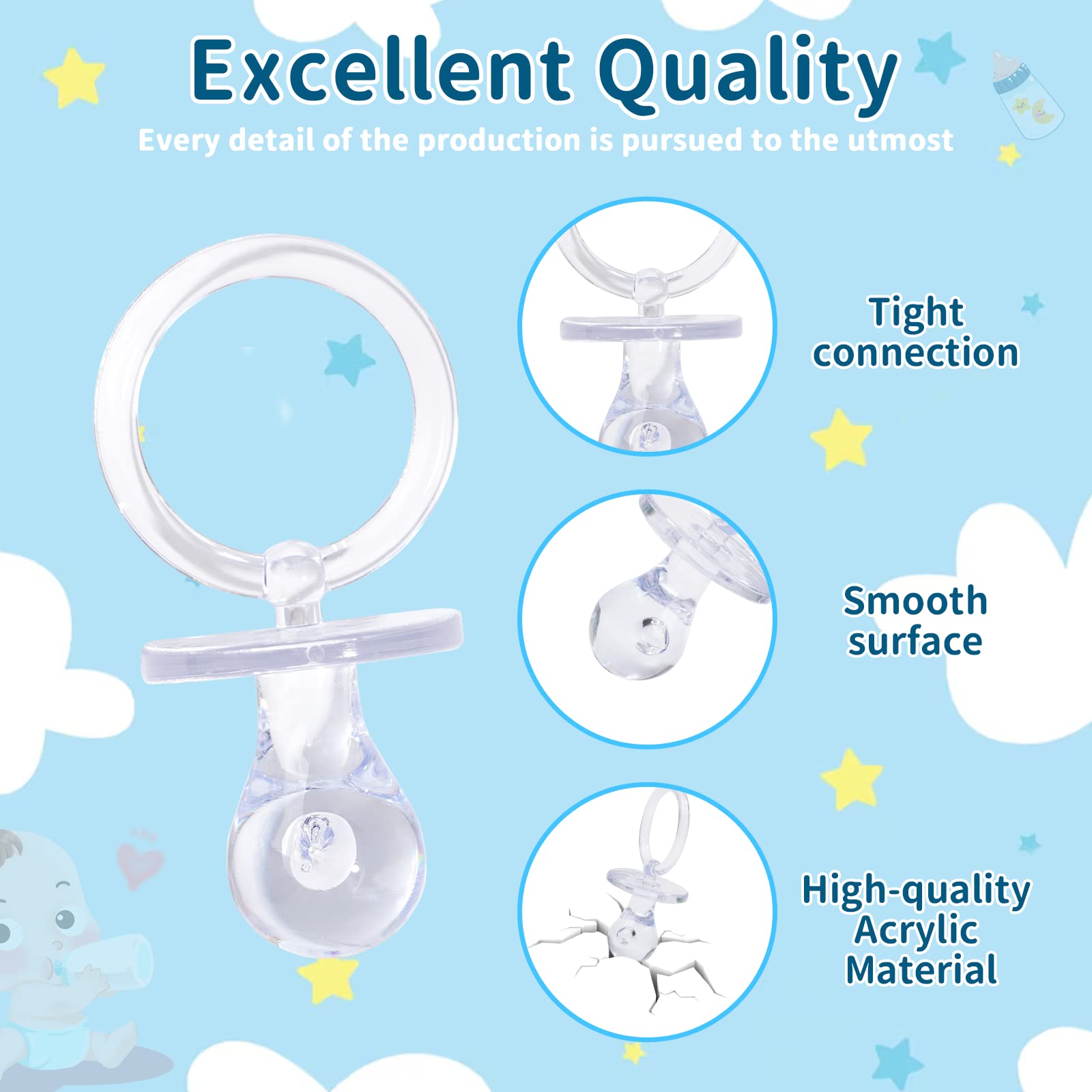 Smoczki do zabawy na baby shower, 36 szt. plastikowych smoczków do dekoracji baby shower, duży rozmiar, smoczki na baby shower, ujawnienie płci, rekwizyty do gier na baby shower, przezroczyste, 7 cm