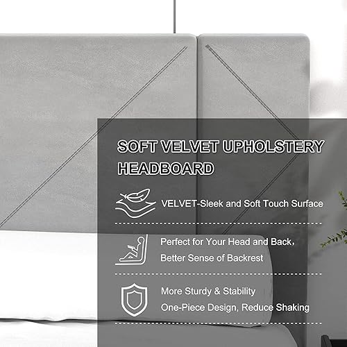 Miniatura 4 de Marco de cama de tamaño matrimonial cama de plataforma tapizada de terciopelo gris con cabecera completa base de colchón marcos de cama de soporte