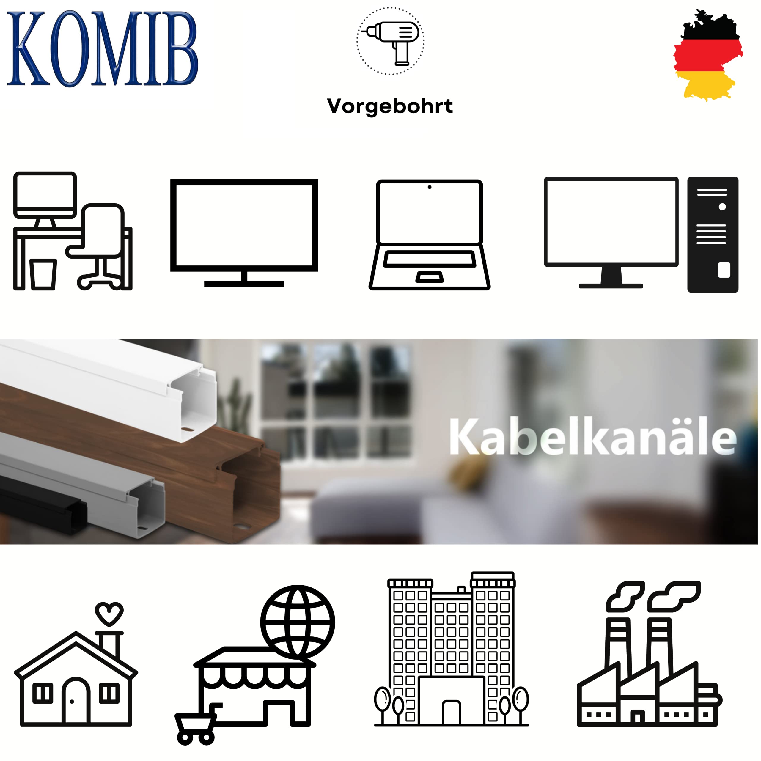 KOMIB Hochwertige KK9040RW Kabelkanal 90 x 40 x 2000mm Weiß (reinweiß) 10 Meter - 5 x 2m (5 Stück) Elektroinstallation Kabelkanal Kabelabdeckung Kabelmanagement PVC/VDE (90 x 40mm)