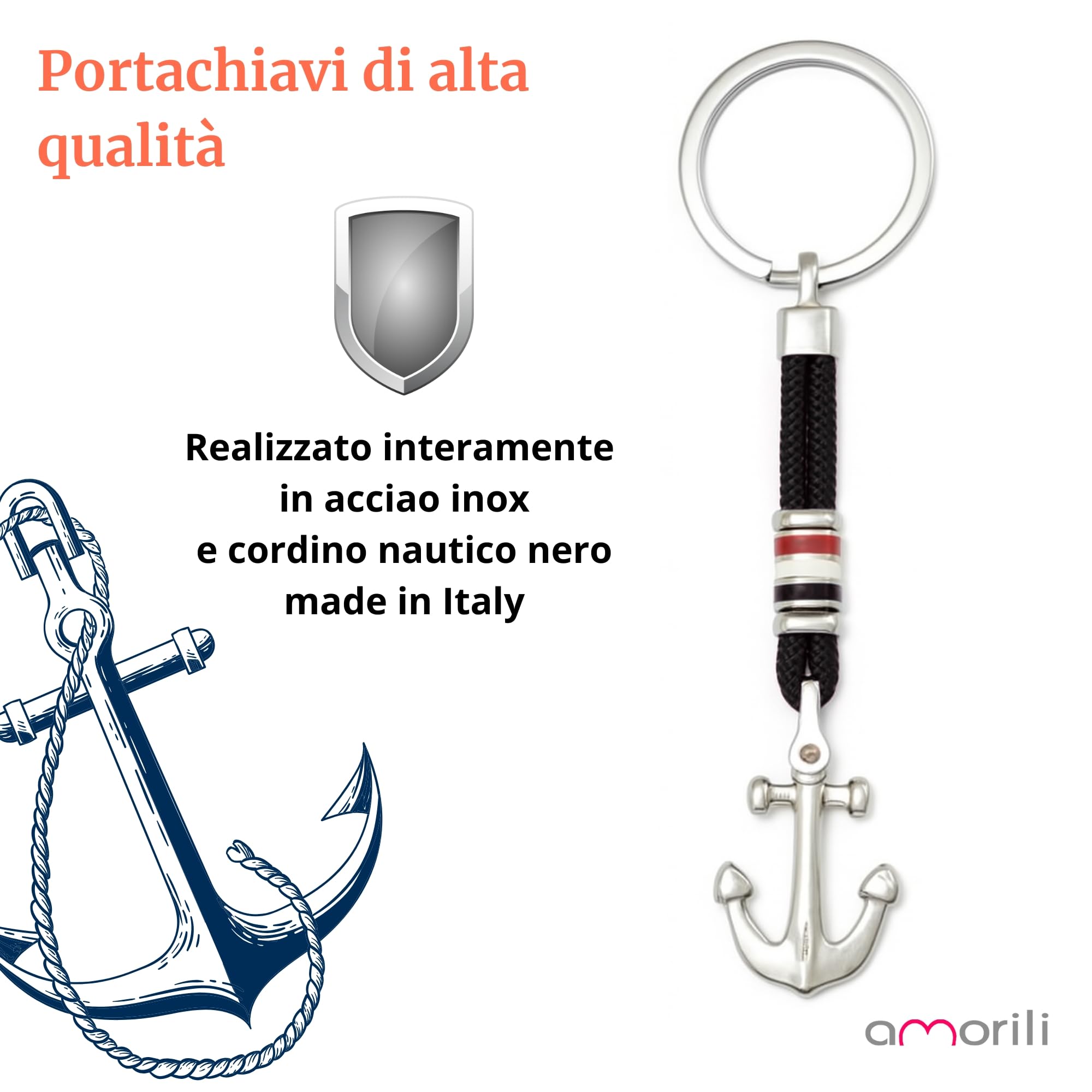 Portachiavi Ancora Uomo in Acciaio Inox e Corda Nautica – Idea Regalo Marinaio, Nautico, Stile Marinaro – Accessorio Uomo Elegante per Auto, Barca, Viaggi - prt0100