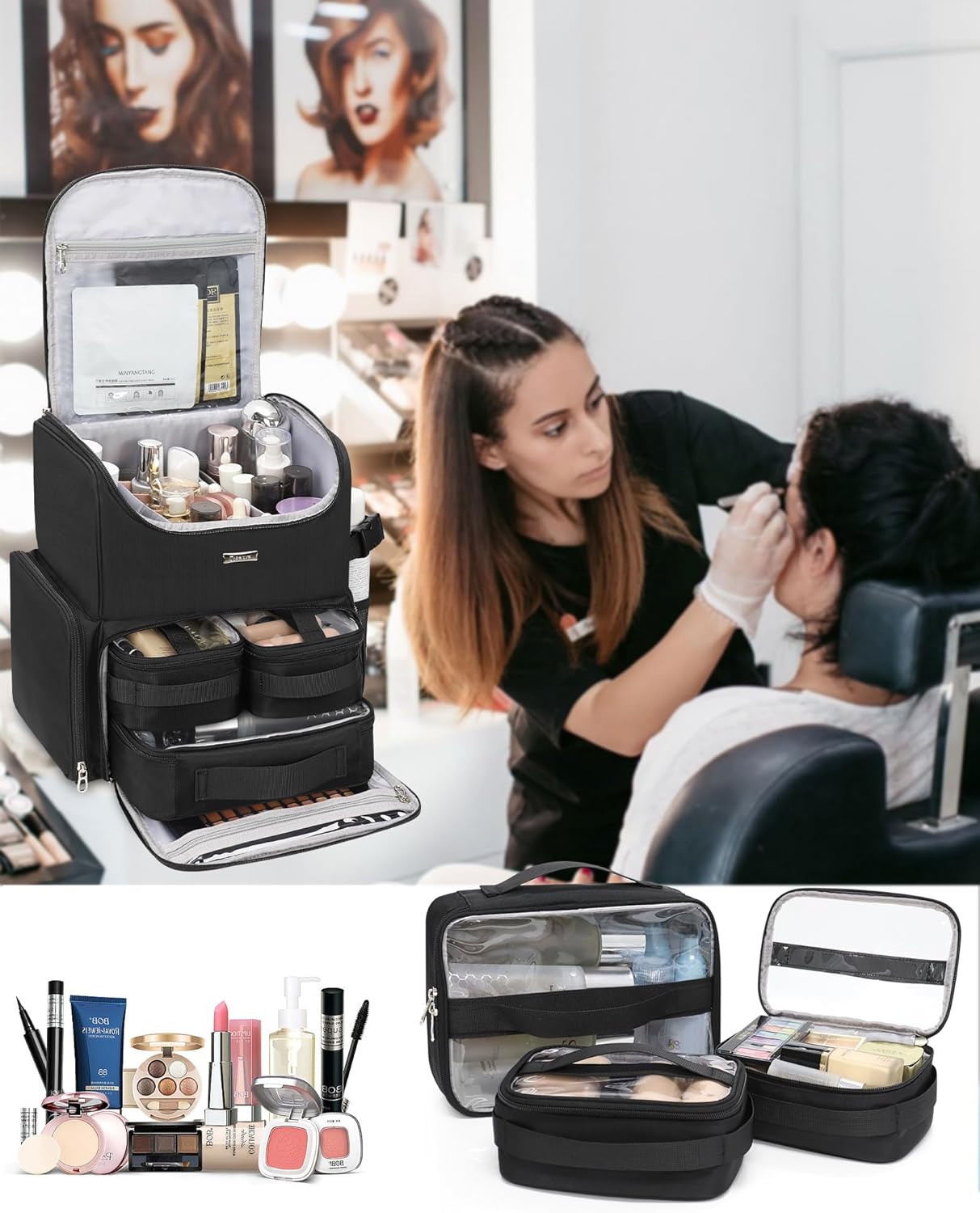 Relavel Makeup Backpack Large Makeup Bag with 3 Clear Set Bags, Dual Layer Professional Cosmetic Organizer Travel Train Case Makeup Artist Kit with Adjustable Dividers & Easy to Clean Lining, Black - Image 2