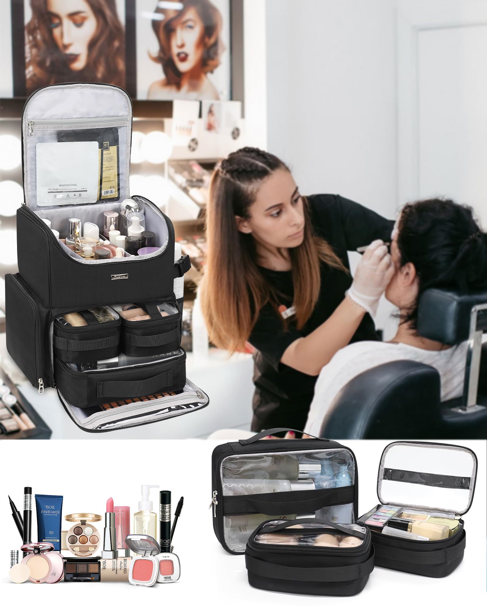 Relavel Makeup-Rucksack, große Make-up-Tasche mit 3 klaren Sets, Doppelwandige professionelle Kosmetiktasche für Reise-Train-Case, Make-up-Artist-Set mit verstellbaren Fächern