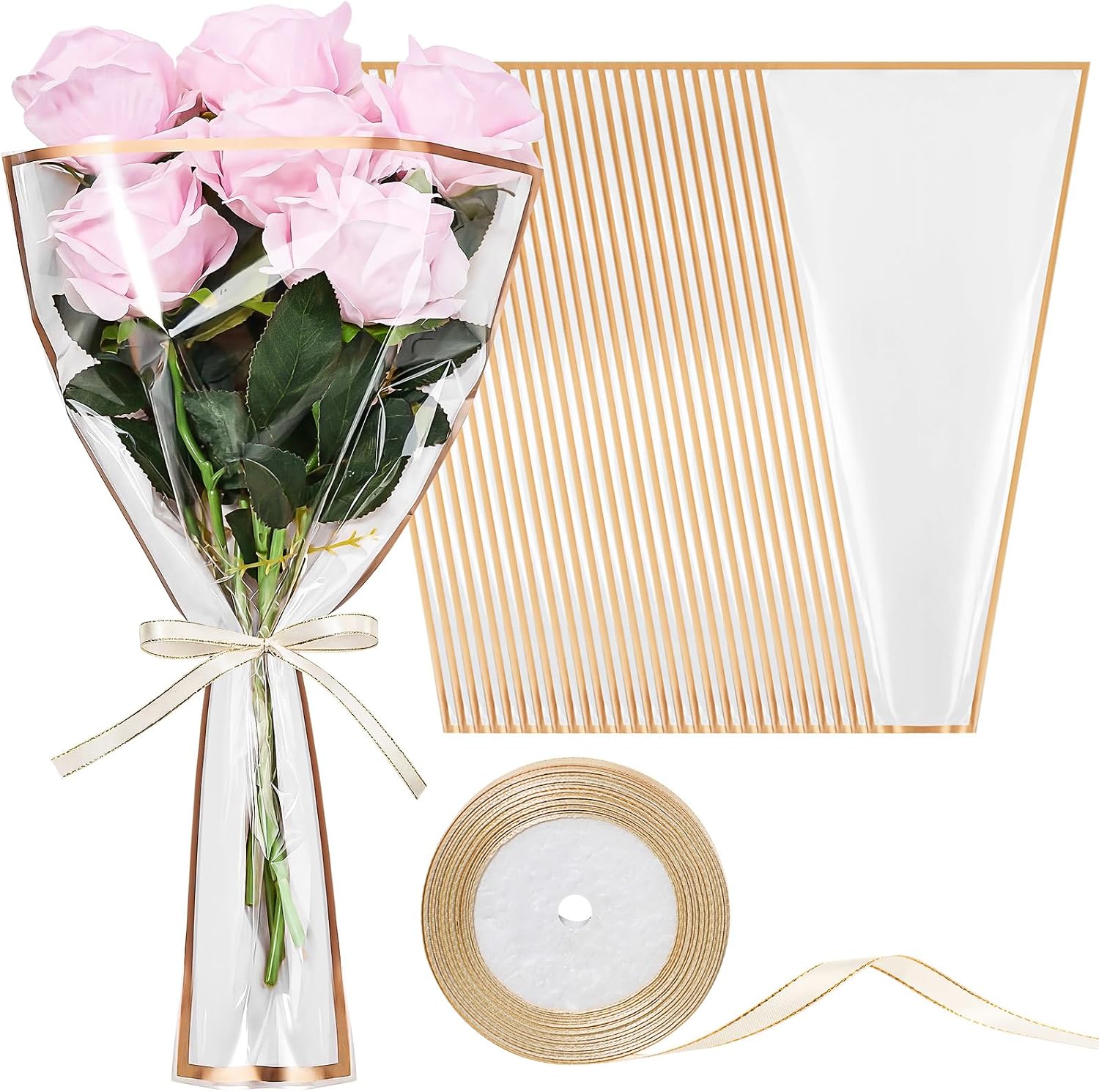 YooNotee 60 Pcs 60 Pcs Flower Wrapping Bags for Valentine's Day Bouquets Supplies 17.7 x 10.9 Inches Plastic Flower Bouquet Sleeve Clear Front Floral Wraps with Ribbons for Graduation Party (White)