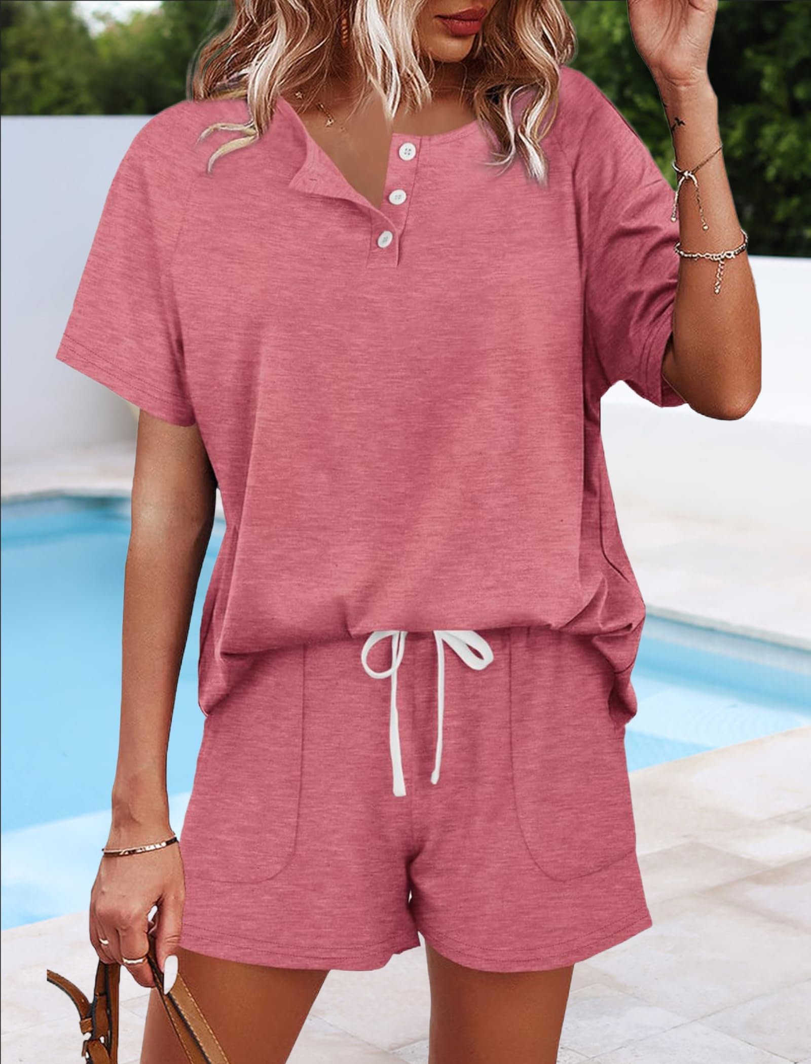 Two Piece Outfits for Women Lounge Sets Button Down Top and Shorts Set Sweatsuits with Pockets