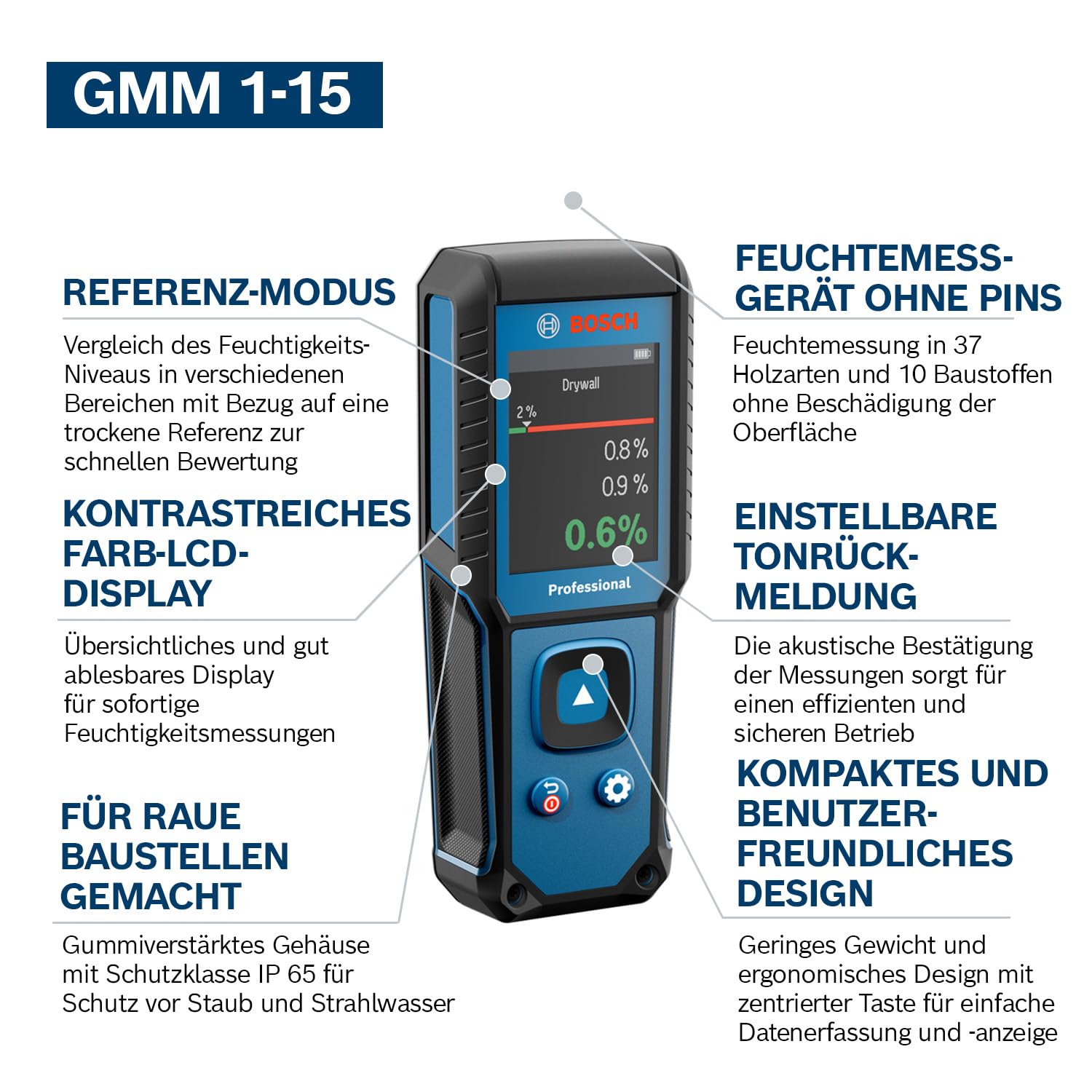 Bosch Professional Feuchtemessgerät GMM 1-15 (nicht-invasiv, misst 37 Holzarten und 10 Baustoffe, Schutzklasse IP 65, 2x AA-Batterie, Tasche)