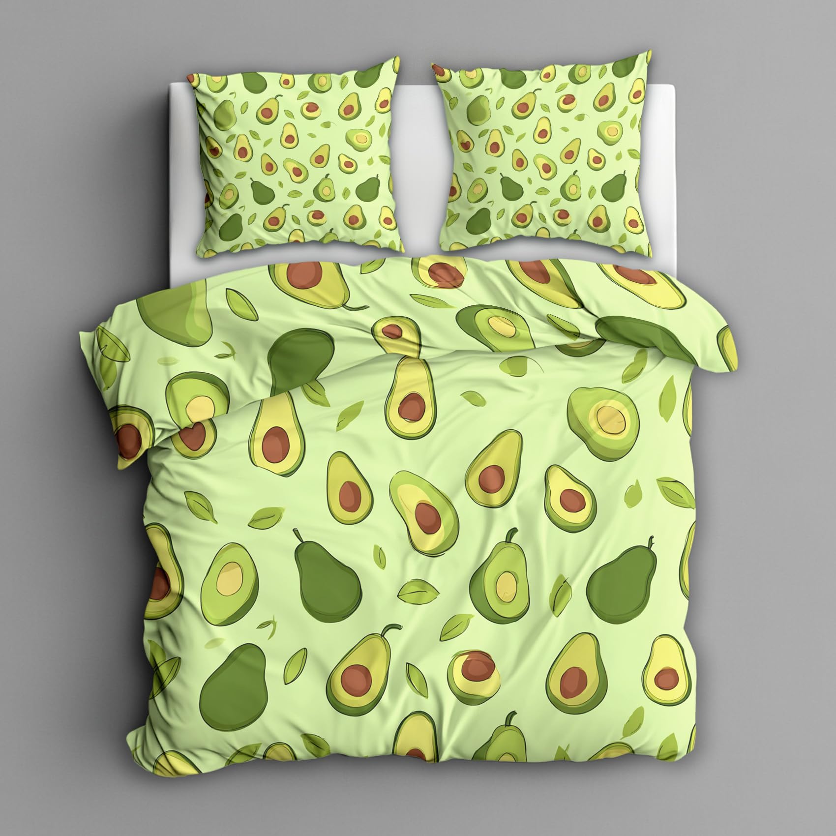 Housse de couette 220x240 avocat parure de lit verte 2 personnes taies 65x65 zippée microfibre