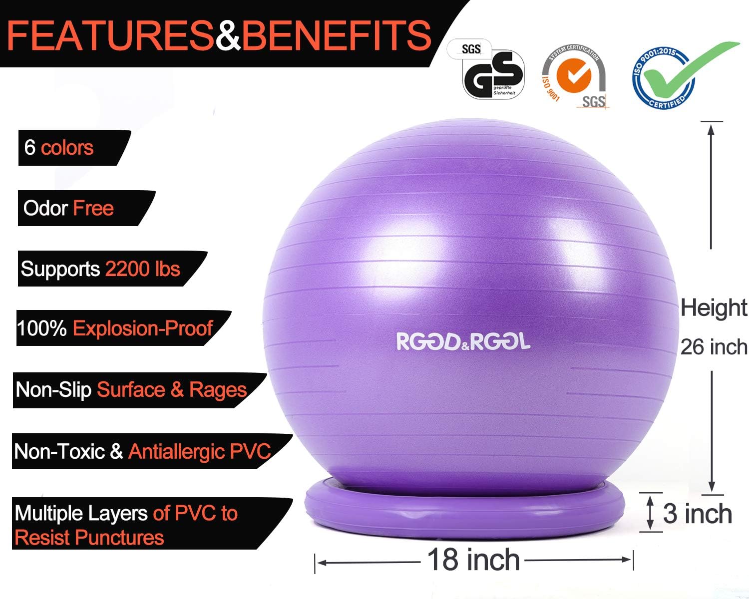 Yoga Ball Chair, RGGD&RGGL Exercise Ball with Leak-Proof Design, Stability Ring&2 Adjustable Resistance Bands for Any Fitness Level, 1.5 Times Thicker Swiss Ball for Home&Gym&Office&Pregnancy (65 cm) : Sports & Outdoors