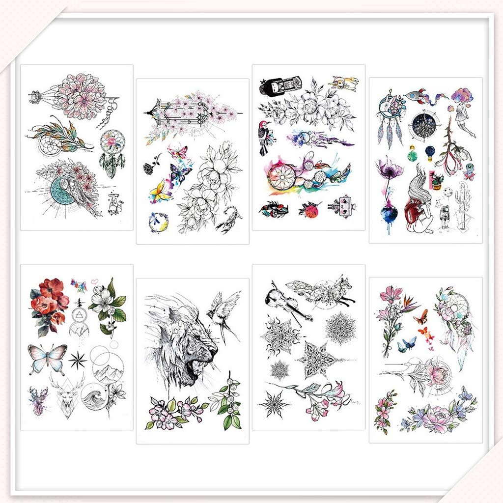 8枚セット タトゥーシール 刺青シール 限定モデル 花 バタフライ ライオン 鳥 ウサギ 魚 148mm 210 少女 鹿 一時的な入れ墨 バイオリン ドリームキャッチャーなど アートステッカー