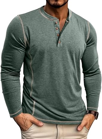Mens Shirts Long Sleeve Casual Classic Henley Cotton T-Shirts Lightweight Button Tee Shirts