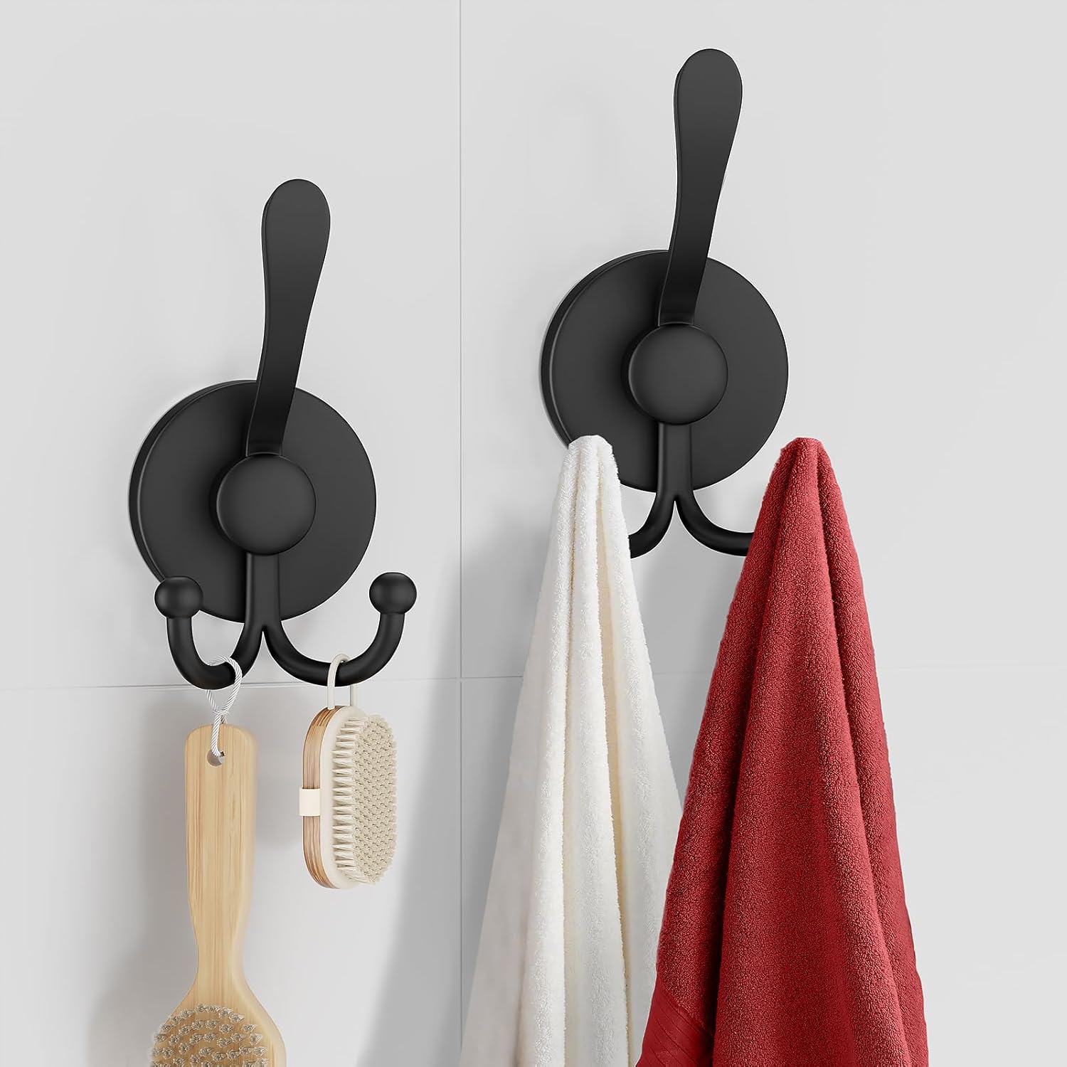 Suction Cup Hooks, 2 Pack Vacuum Power Heavy Duty Shower Hooks for Inside Shower, No Drill Towel Hooks for Bathroom Wall, Kitchen, Glass, Mirror, Tile to Hang Towels, Robes, Loofah - Matte Black (Black) Thumbnail