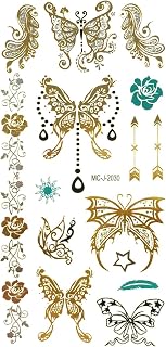 Allydrew Medium Metallic Gold Silver and Black Body Art Temporary Tattoos, Rose, Butterflies, Arrows