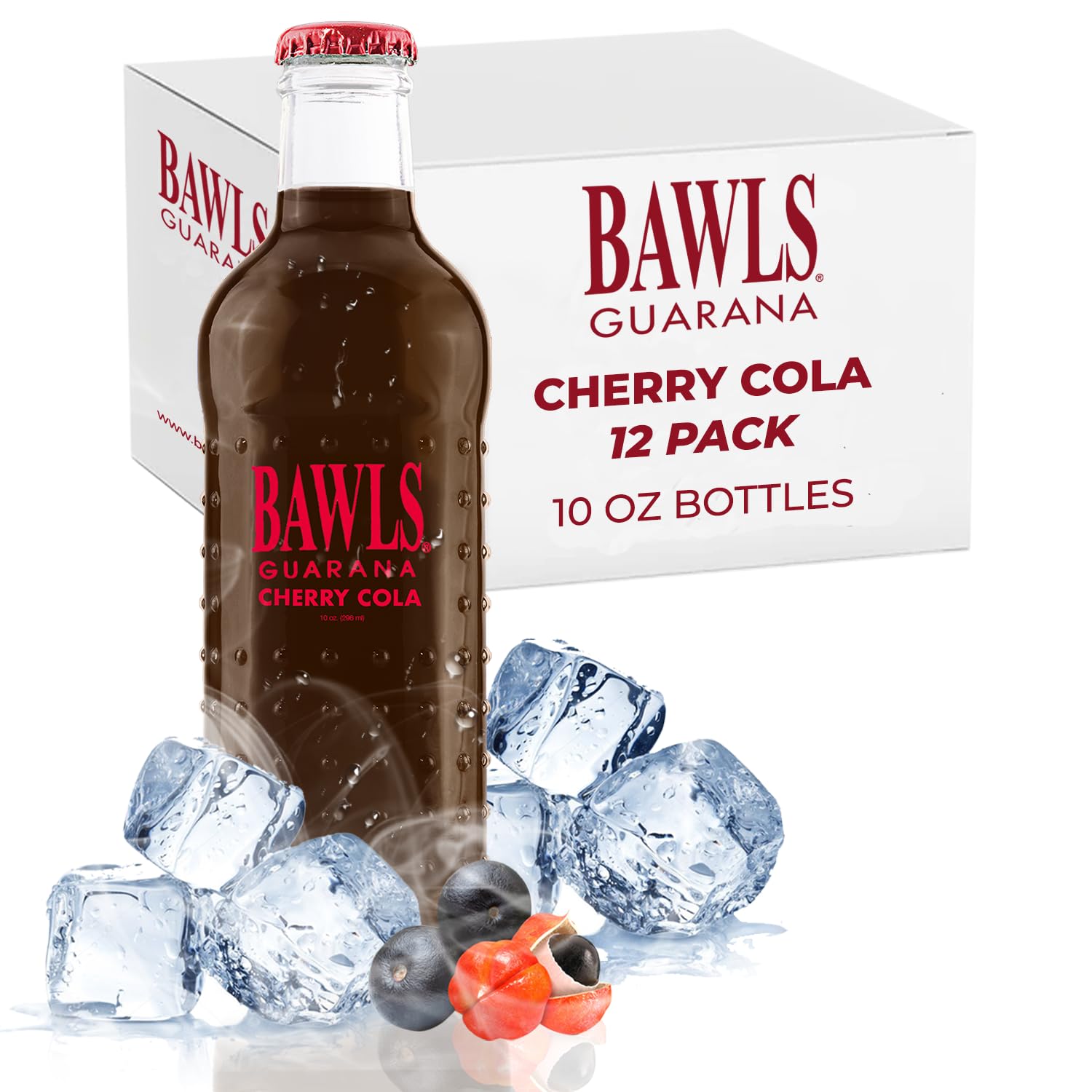 BAWLS Guarana Cherry Cola, BAWLS Guarana Drink, Guarana Soda, Guarana Fueled Soda for Energy, High Energy Caffeinated Drink, 10oz 12 Pack Glass
