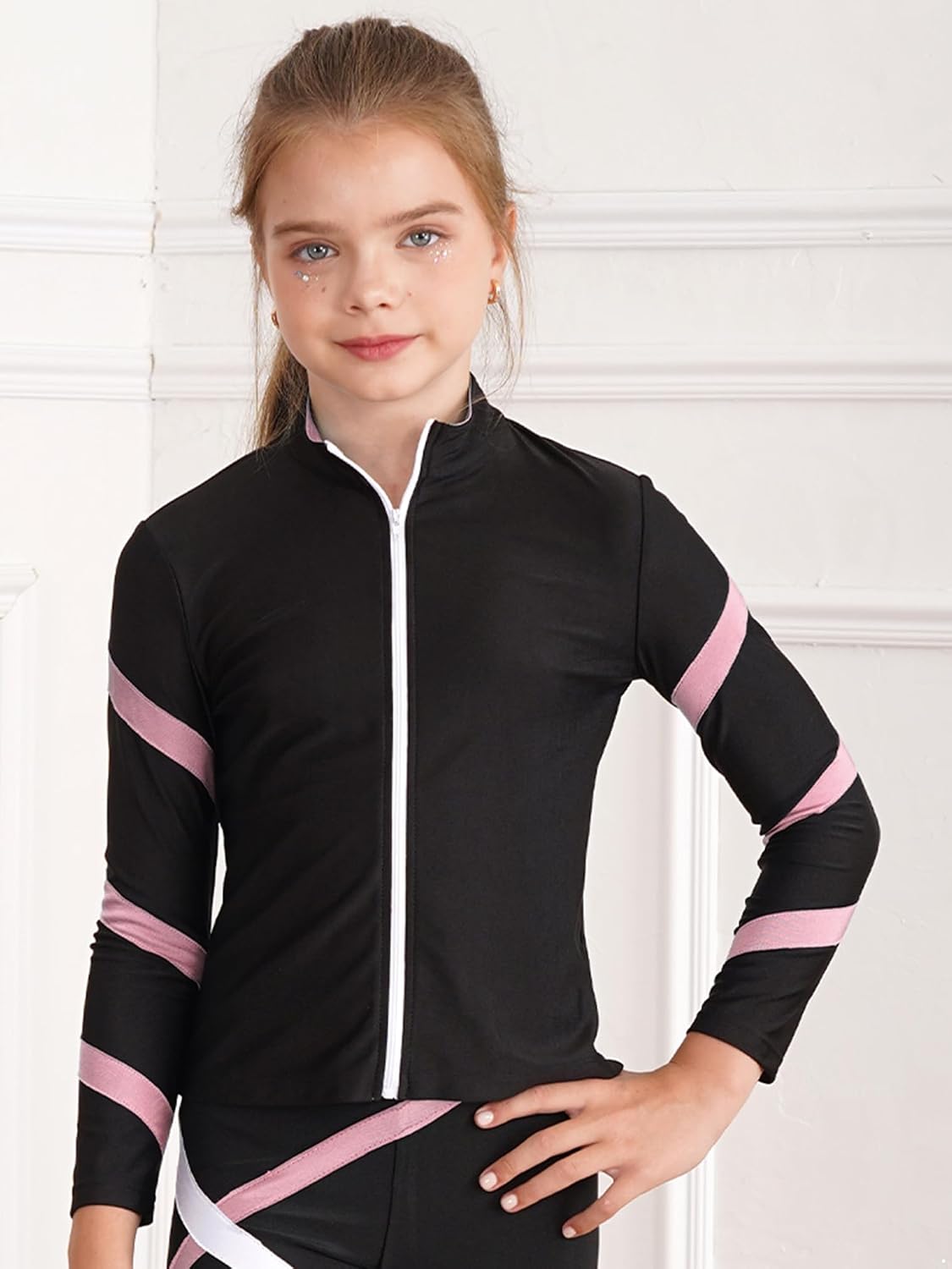 easyforever Kids Girls Athletic Workout Jacket Contrast Color Zipper Yoga T Shirt Sport Long Sleeve