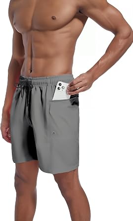 Mens Fashion 7 inch Quick Dry Swim Trunks Zipper Pockets Bathing Suit Beach Shorts Boardshorts Without mesh Liner