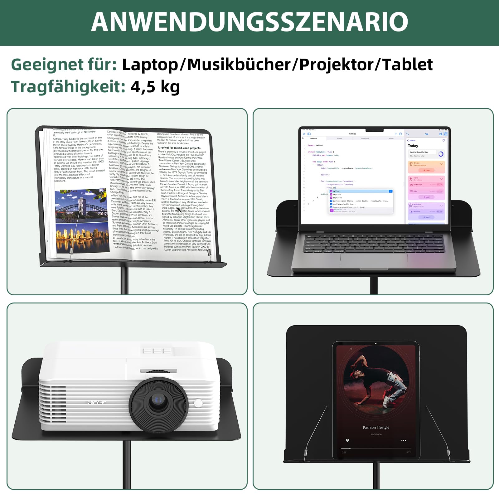 GLEAM Notenständer - Zweifachnutzung Tischbuchständer aus Metall mit Tragetasche, Mappe und Klammer 5 in 1