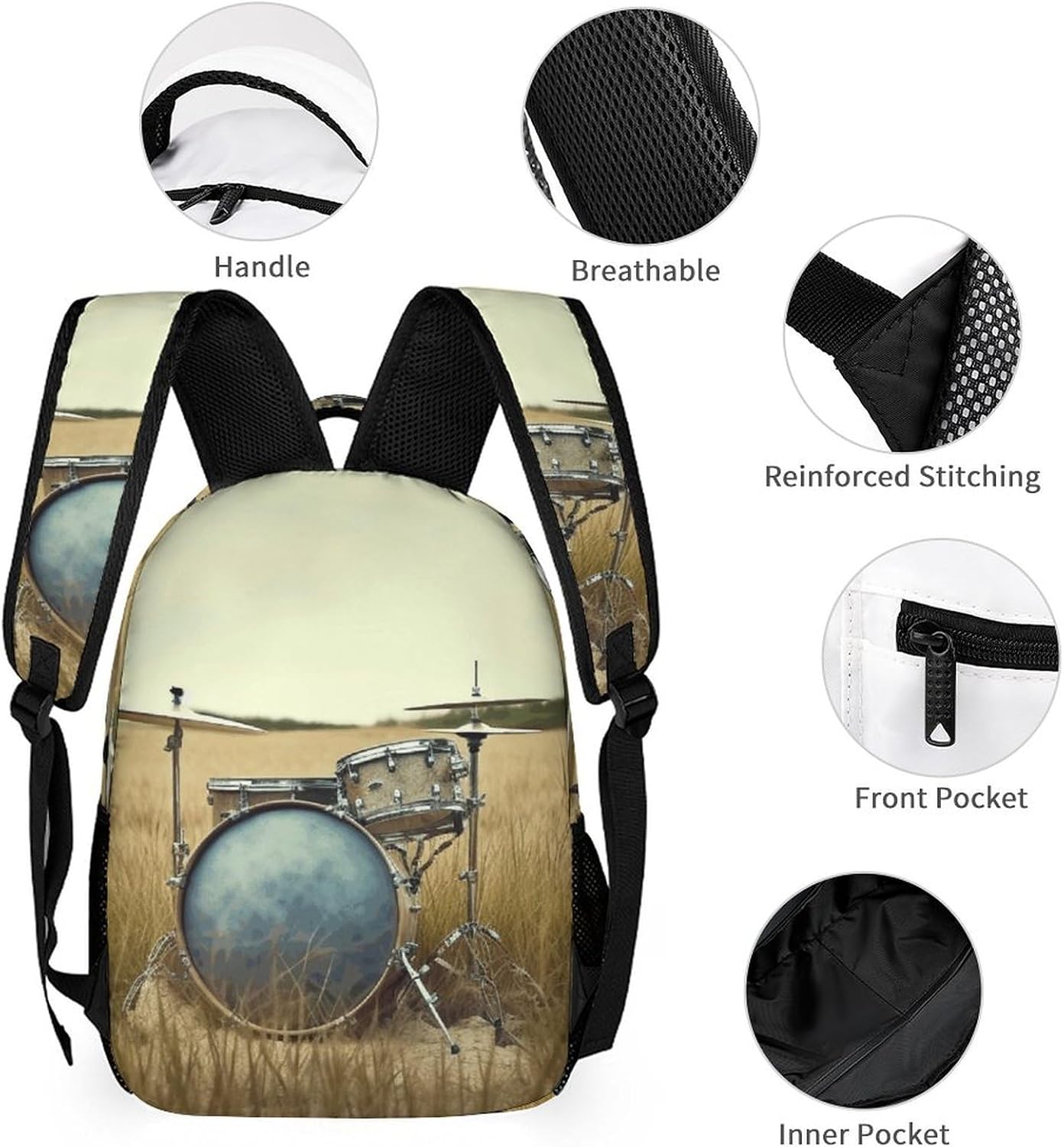 Cute Lunch Bag Backpacks Combo Set, Music Drum in Field Print Backpacks for Travel,adult Lunch Bag,3-in-1 Backpack Combo Set image 3
