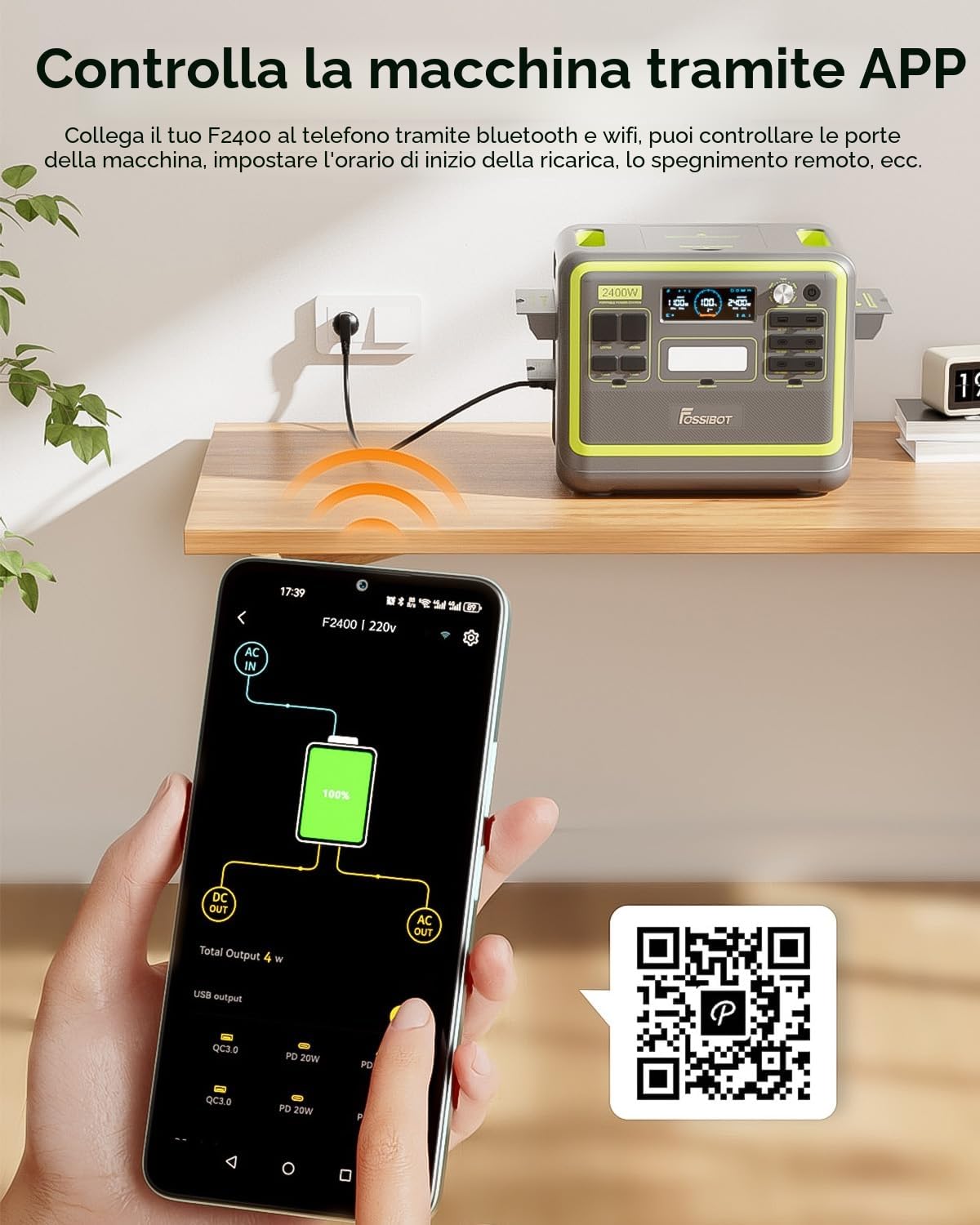FOSSIBOT F2400 Centrale Elettrica Portatile con Batteria LFP da 2048Wh, CA 2400W Power station, Generatore Solare Controllo tramite app cellulare, adatta per Camper e Viaggi All'aperto