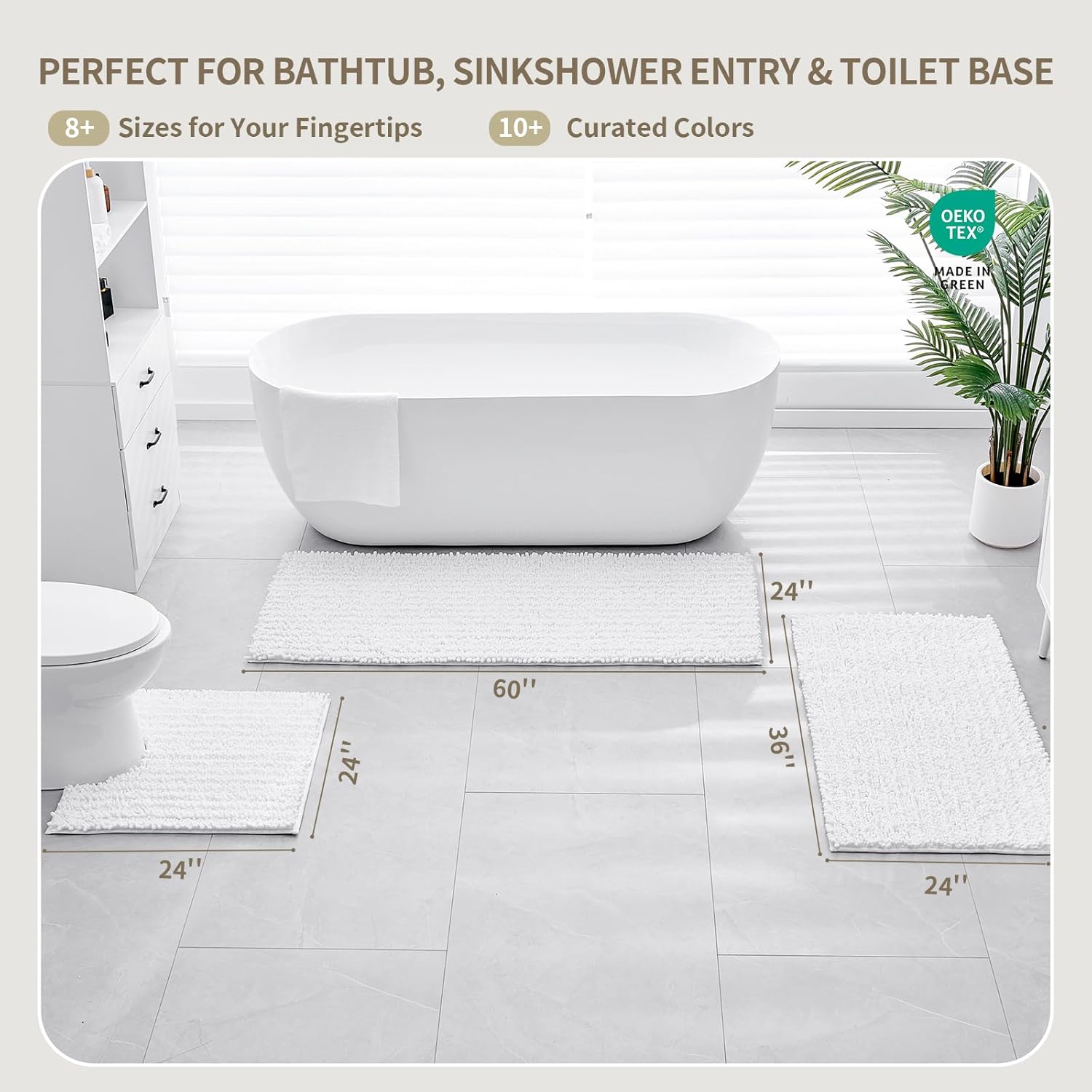 Bathroom Rugs Non Slip Washable 55x24, Extra Thick Soft Chenille Absorbent Bath Mat, High Density Barrier Non Slip Backing, Quick Dry Plush Shaggy Floor Carpet for Tub&Shower, White