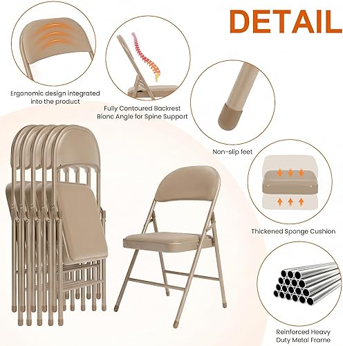 Miniatura 4 de Paquete de 6 sillas plegables color caqui, sillas plegables acolchadas con asiento y respaldo de piel sintética, sillas plegables de metal