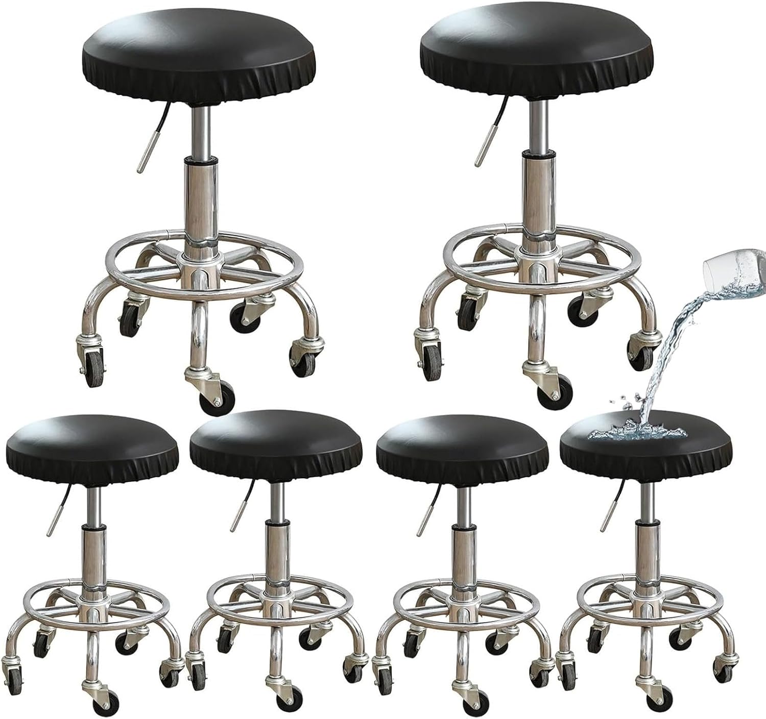 Round Stool Covers with Elastic Waterproof Seat Covers Round Bar Stool Leather Barstool Covers Slipcovers Set of 2 4 6 Fit for Stool of Dia 14-17 Inch (Black,6 Pieces)