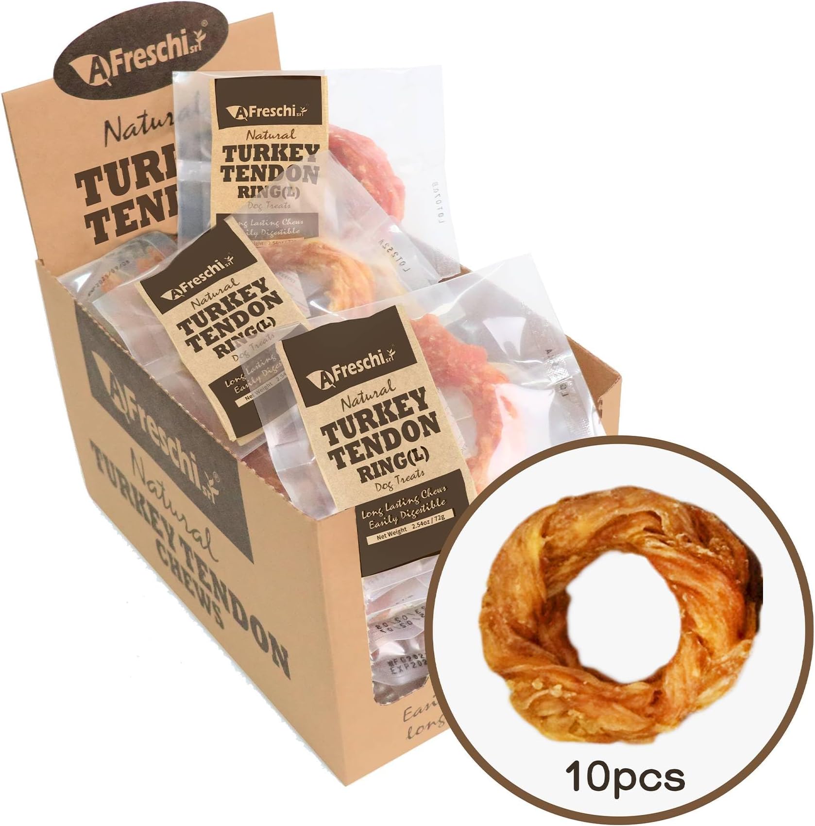 - A Freschi srl Turkey Tendons for Dogs, USA-Sourced, Healthy Dog Treats, Rawhide-Free Puppy Chews, Long Lasting, All Natural, Hypoallergenic Dog Treats for Large Breeds, 10 Count Box Ring (L)