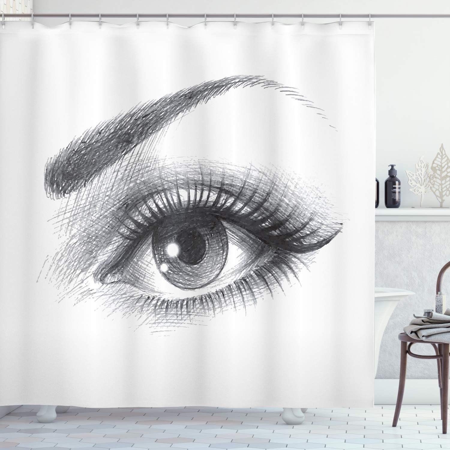 Ambesonne Eye Shower Curtain, Pencil Drawing Art of a Staring Female Lashes and Curvy Eyebrow, Cloth Fabric Bathroom Decor Set with Hooks, 69" W x 84" L, Grey White