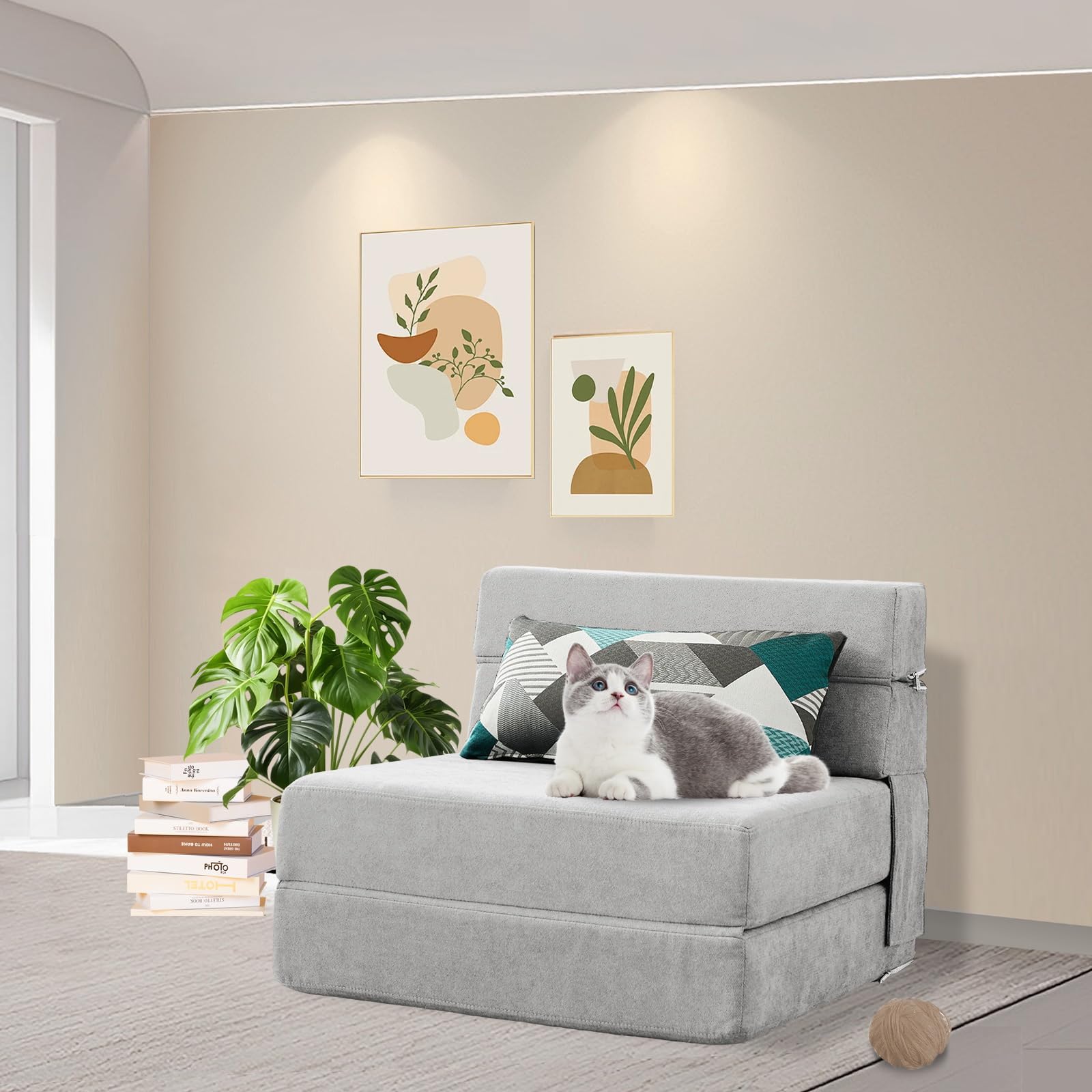 ANONER 70 x 190 cm Divano Pieghevole Futon con Cotone di Memoria e Cuscino, Divano Letto Futon Lavabile Set per Lettura Yoga Ufficio, Grigio Chiaro
